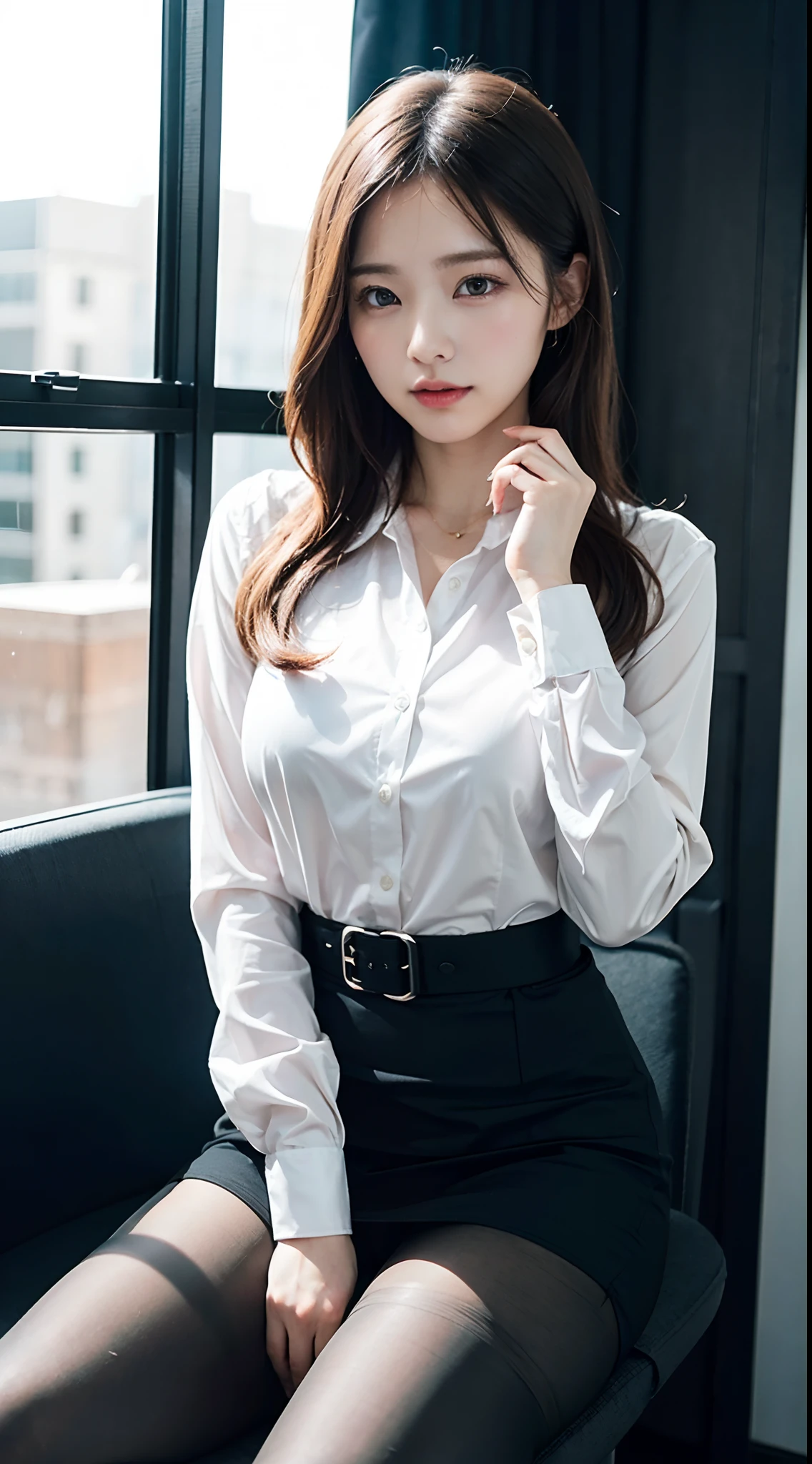 Classy upper-class elite secretary in business shirt, working in an office、Wearing a strict business suit, Wearing pantyhose、Wear high-end high heels、 Girl in a shirt, Wearing a business suit, Wearing a business suit, in a business suit, businesswoman, business clothes, wearing black business suit, Wear shirts and skirts, Woman in business suit, Business attire, business outfit, Raw photo, (8K、top-quality、​masterpiece:1.2)、(intricate detailes:1.4)、(Photorealsitic:1.4)、octane renderings、Complex 3D rendering ultra detail, Studio Soft Light, Rim Lights, vibrant detail, super detailing, realistic skin textures, Detail Face, Beautiful detail eyes, Very detailed CG Unity 16k wallpaper, make - up, (detailedbackground:1.2), Exposed thighs!!!,