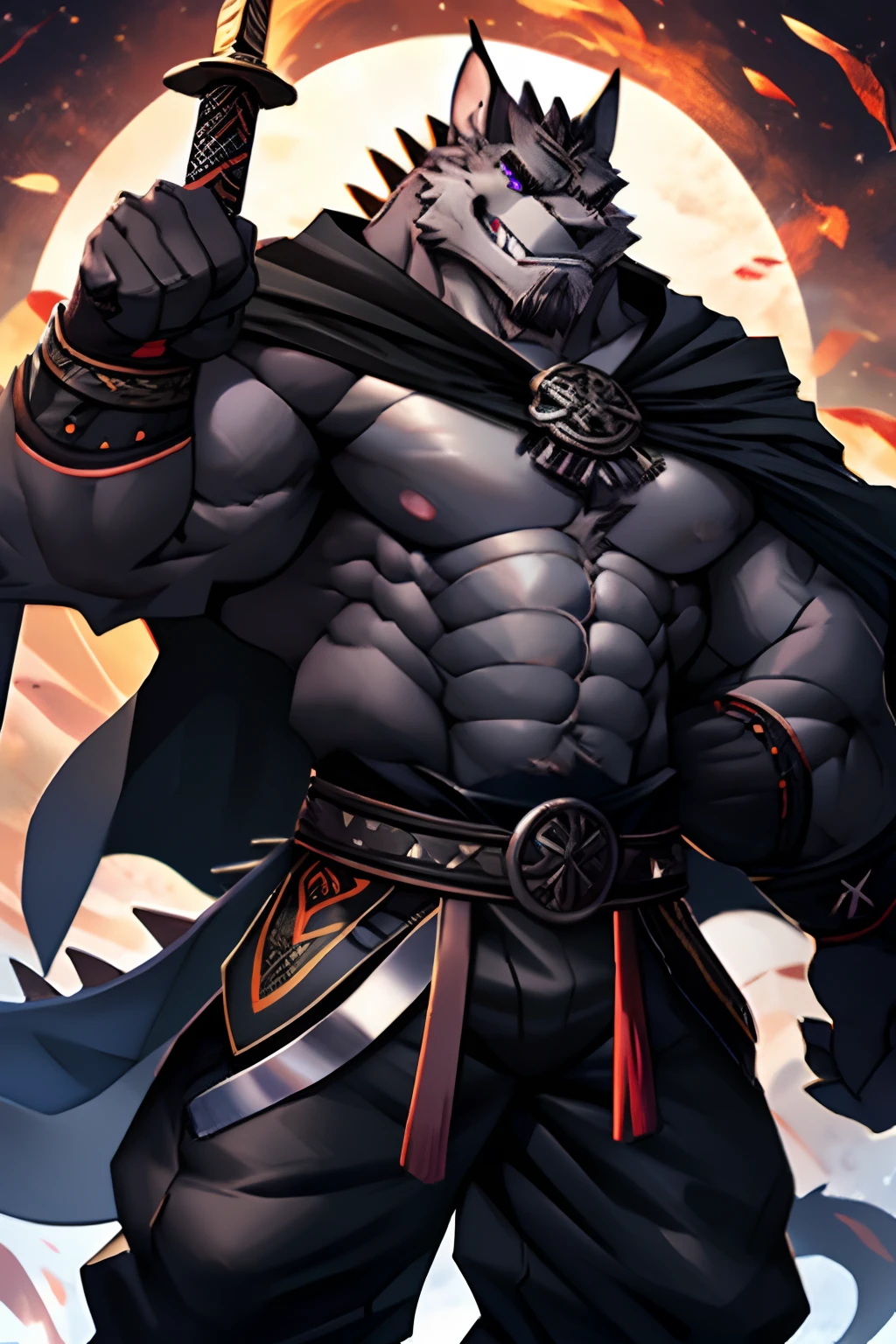 Masterpiece,Cool Pose, Anthropomorphic Black Dragon Muscular Furry, With Visible Veins In The Muscle, Purple Eyes, Grey Medium Hair, Gray Facial Hair, Wearing Black Clothes, Combat Gloves, Combat Pants, Black Cloak, Holding Sword, Fierce, Good looking, Grin.