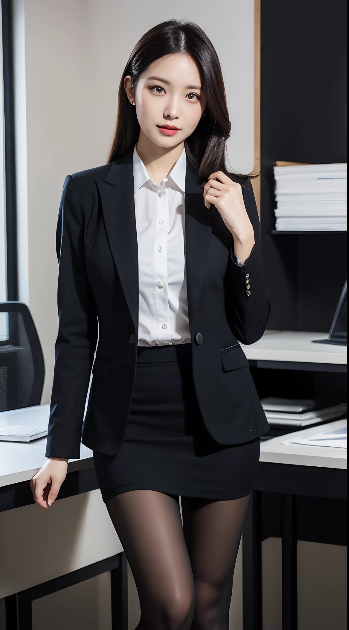 (smile)、I can see your pussy、(nipple見え)、(translucent shirt:1.3)、(In 8K、highest quality、masterpiece:1.2)、(genuine、photogenuineistic:1.37)、Super detailed、1 girl、cute、Report、dark and beautiful sky、office、、(nippleが見えてる:1.2)、 (perfect beautiful beautiful face:1.15)、(closed mouth)、細やかなbeautiful eyes、(No underwear:1.1)、、short cut hair、(sheer shirt:1.2)、、(short hair:1.5)、Floating hair NovaFrogStyle、thinボディ、20 year old woman、brown hair、、brown eyes、small head、((G cup))、fashionable girl、beautiful eyes、genuine face、genuine skin、genuineフェイス、genuineな肌、fine eyes、、(sheer shirt:1.2), dynamic pose、viewer、Look carefully at the face and chest、announcer, the tip of the chest sticks out。Areola is protruding。The shape of the genitals is clearly visible。lots of eyelashes。black eyeshadow。bright red lips。black sexy high heels。pubic hair。The lower abdomen is bristly。thin。thighs are open。pubic hairたくさん、pubic hairがはみ出てる、 and delicate figure、(At the office)、camel toe、protruding pussy_nipple