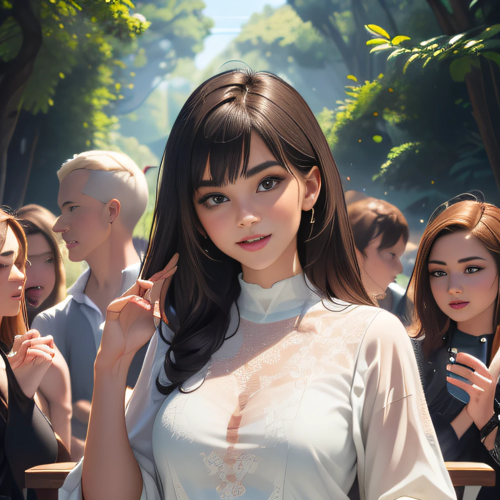 sfw, (Extremely detailed 8k wallpaper:2), (photo:2), (soigne Beautiful girl:2), (gives a lecture to friends:2), detailed (Face and eyes), (hyper realistic:1), (highly detailed:1), (epic realistic:1), rim light, (maximum details:1), cozy, (fullbody:1), (looking at viewer:2), (Woman's Attractive Qualities:2), (Attractive Woman:2), (Attractive:2), Smile, Intelligence, Empathy, Gracefulness, Sense of Style, Fitness, Grooming, Optimism, (Sensitivity:2), Sincerity, Romantic Gestures, Playfulness, Fashion Sense, (Sensuality:2), Charm, Modesty, Thoughtfulness, (Femininity:1), Flirtatiousness, Warmth, (Physical attractiveness:2), A beautiful smile, A love of life, strength and power, vulnerability, curiosity, wonder, love, (nature background:2), kawaii, waifu, Beautiful breasts, (attractive body:2), (Beautiful body:2), Beautiful pose, attractive pose, (spread legs:1.0), (Beautiful clothes:1), (classic clothes:2), (elegant clothes:2), (European clothes:2), detailed clothes, (skirt:1), (blouse:1)