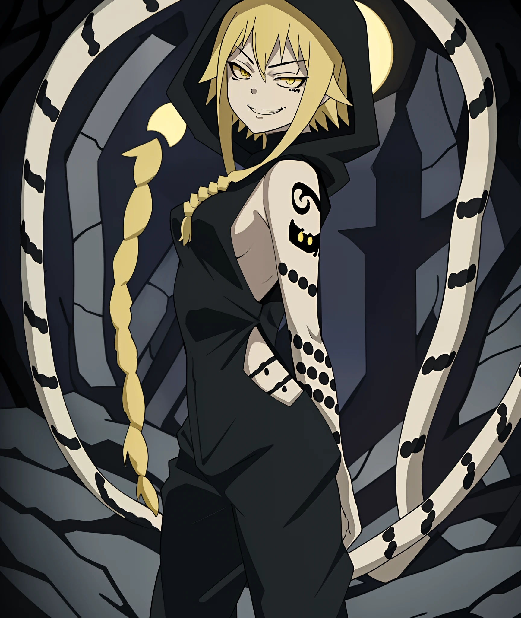 [medusa gorgon], [soul eater], [Uploaded to rule34.xxx; (kingmaster), (shosho_oekaki), (nekololisama)], ((masterpiece)), ((HD)), ((detailed shading)), ((1girl)), ((solo portrait)), ((cowboy shot)), ((front view)), ((full body)), ((cute anime girl)), {(blonde noose hair), (cute yellow eyes), (half-closed eyes), (snake tattoos), (small boobs), (gorgeous wide hips), (beautiful feet), (smug grin)}, {(black hood), (sleeveless shirt), (detailed side boob), (black jumpsuit)}, {(standing), (looking ahead)}, [background; (cave), (nighttime), (dark lighting), (ambient lighting)]