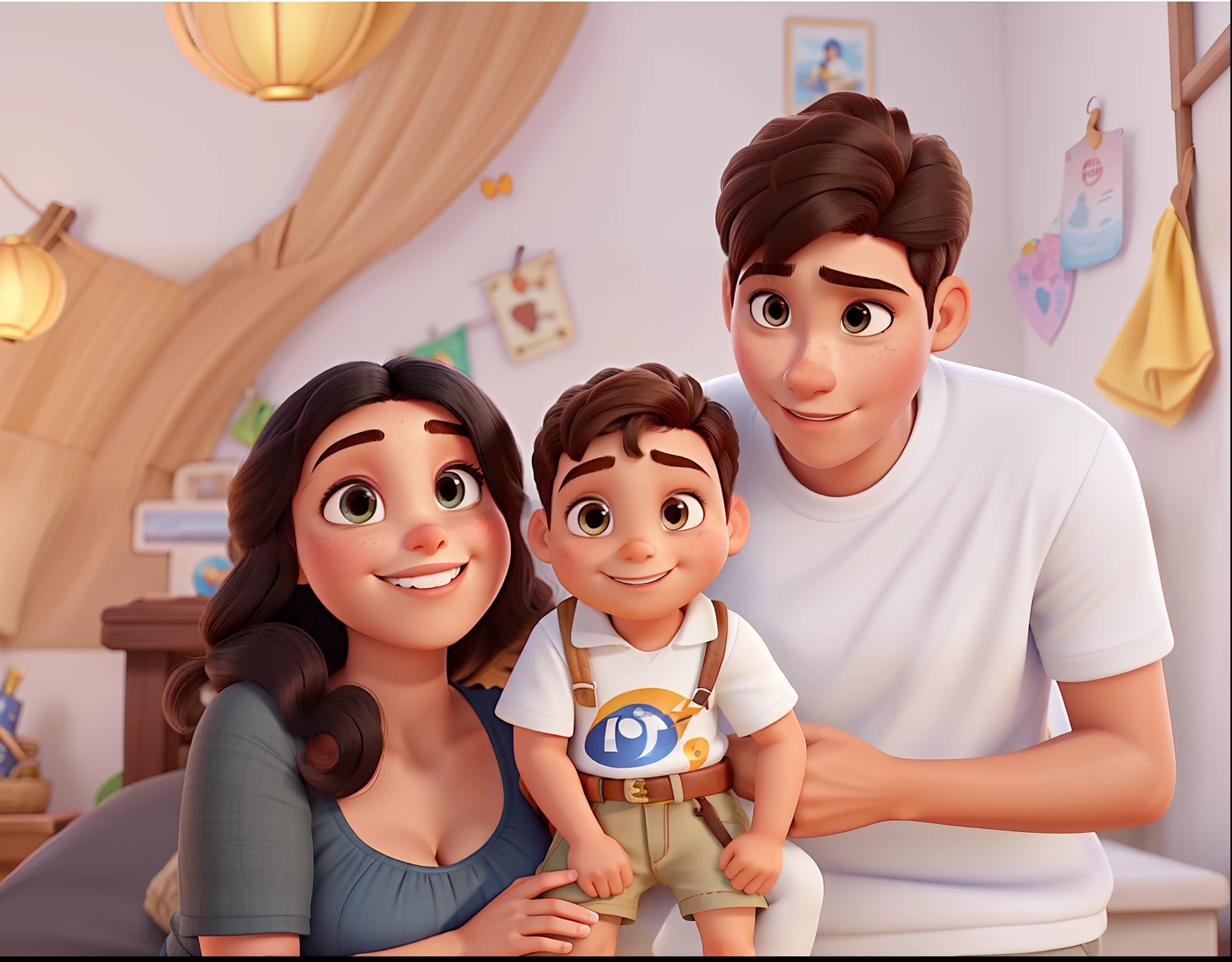 pai de pele morena e cabelo liso , White-skinned mother and son boy with small hair, Disney pixar |