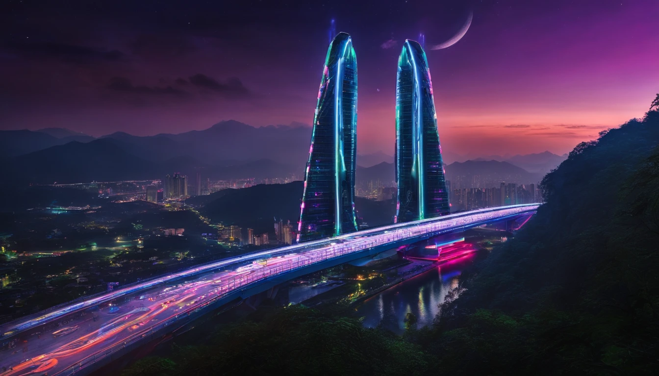 He created commercial photography depicting Qingxiu Mountain in Nanning,nighttime scene,A cruise ship in motion,The beautiful bridge is accompanied by colorful bands of light,