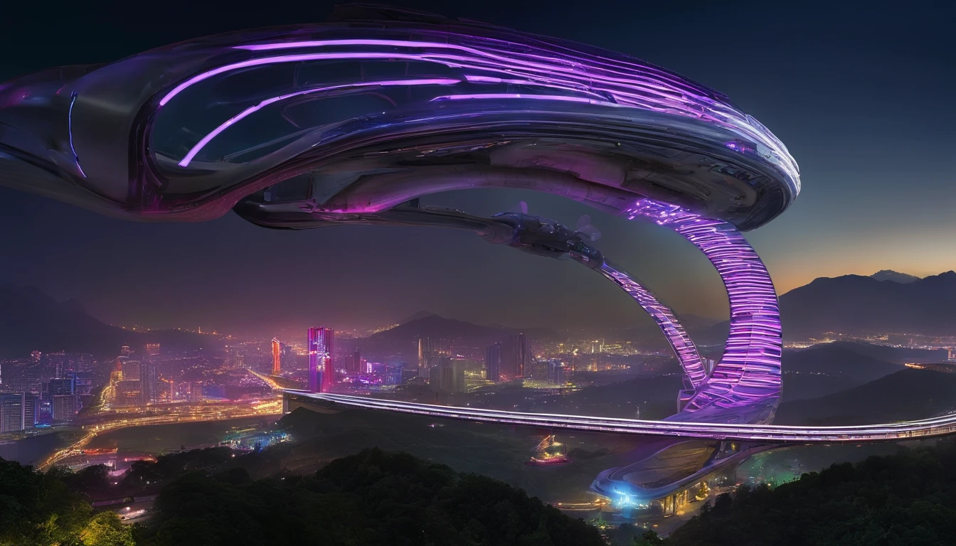 He created commercial photography depicting Qingxiu Mountain in Nanning,nighttime scene,A cruise ship in motion,The beautiful bridge is accompanied by colorful bands of light,