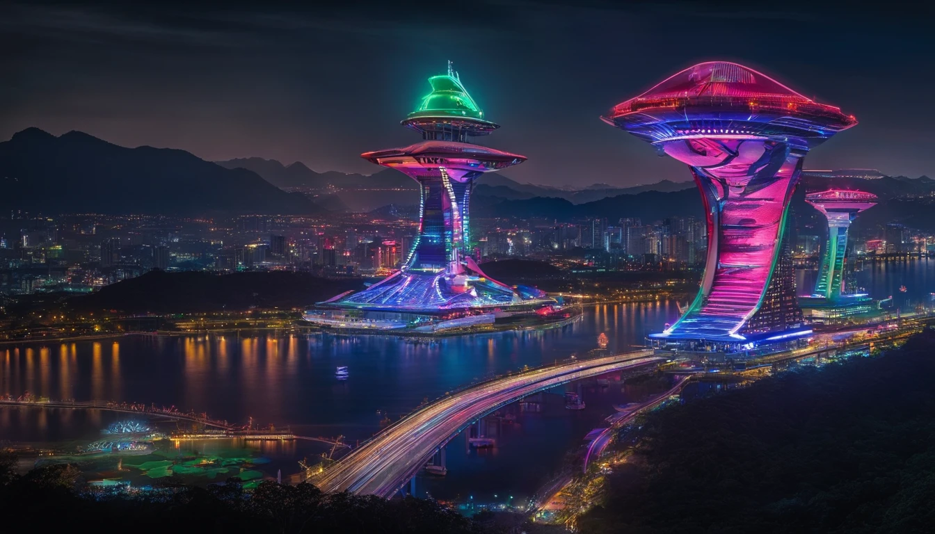 He created commercial photography depicting Qingxiu Mountain in Nanning,nighttime scene,A cruise ship in motion,The beautiful bridge is accompanied by colorful bands of light,