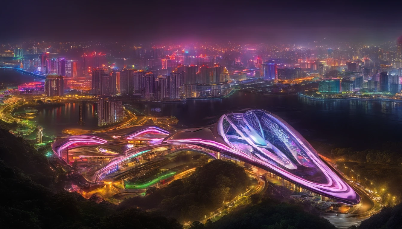 He created commercial photography depicting Qingxiu Mountain in Nanning,nighttime scene,A cruise ship in motion,The beautiful bridge is accompanied by colorful bands of light,