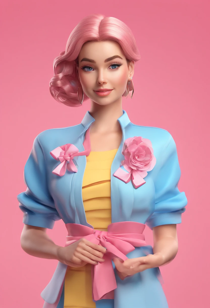 Mulher de 30 anos. blue bow in hair. Cabelos castanhos escuros. Olhos pretos. Cor parda. Blusa rosa claro. Lace gloves on hands. Colorful sleeves es d'grid style in blue colors, amarela e rosa. Saia rosa choque larga e comprida.Cinto rosa choque. Pink colored sneakers. Sorriso alegre. Dentes brancos. very friendly. beautiful appearance.