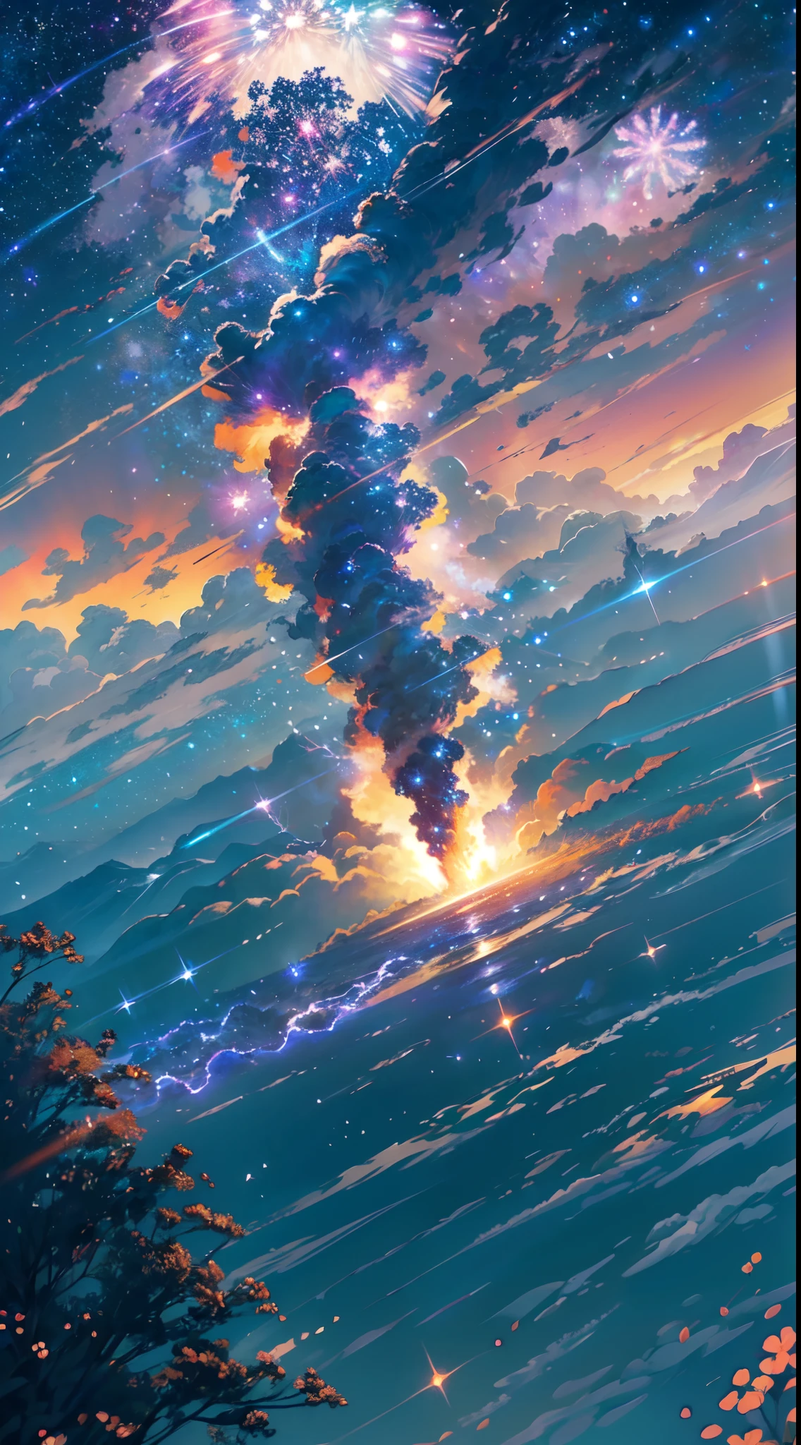(best quality,4k,8k,highres,masterpiece:1.2),ultra-detailed,(realistic,photorealistic,photo-realistic:1.37),lighting casted on a dark, starry sky,medium:oil painting,textured paint,beautiful detailed meteor burning in the atmosphere,smoke and glowing particles trailing behind it,fiery tail stretching across the sky,vivid colors,dramatic spectacle,awe-inspiring beauty,visible shockwave resonating through the air,background of mountains and trees,flickering flames dancing on the ground,astonishment on people's faces,shimmering sparks falling from the burning meteor,glimmering sparks reflected in the water,crackling sound and rumbling thunder accompanying the meteor,sparkling firework-like effects,contrast of light and shadow,deep hues of blue and orange,impressionistic brushstrokes portraying the movement and energy of the meteor,mysterious aura surrounding the celestial event,one-of-a-kind celestial display,atmospheric perspective enhancing the depth of the scene,sharp focus on the meteor's details,eyes gazing upwards in wonder,expressions of excitement and amazement,shooting star illuminating the night sky.