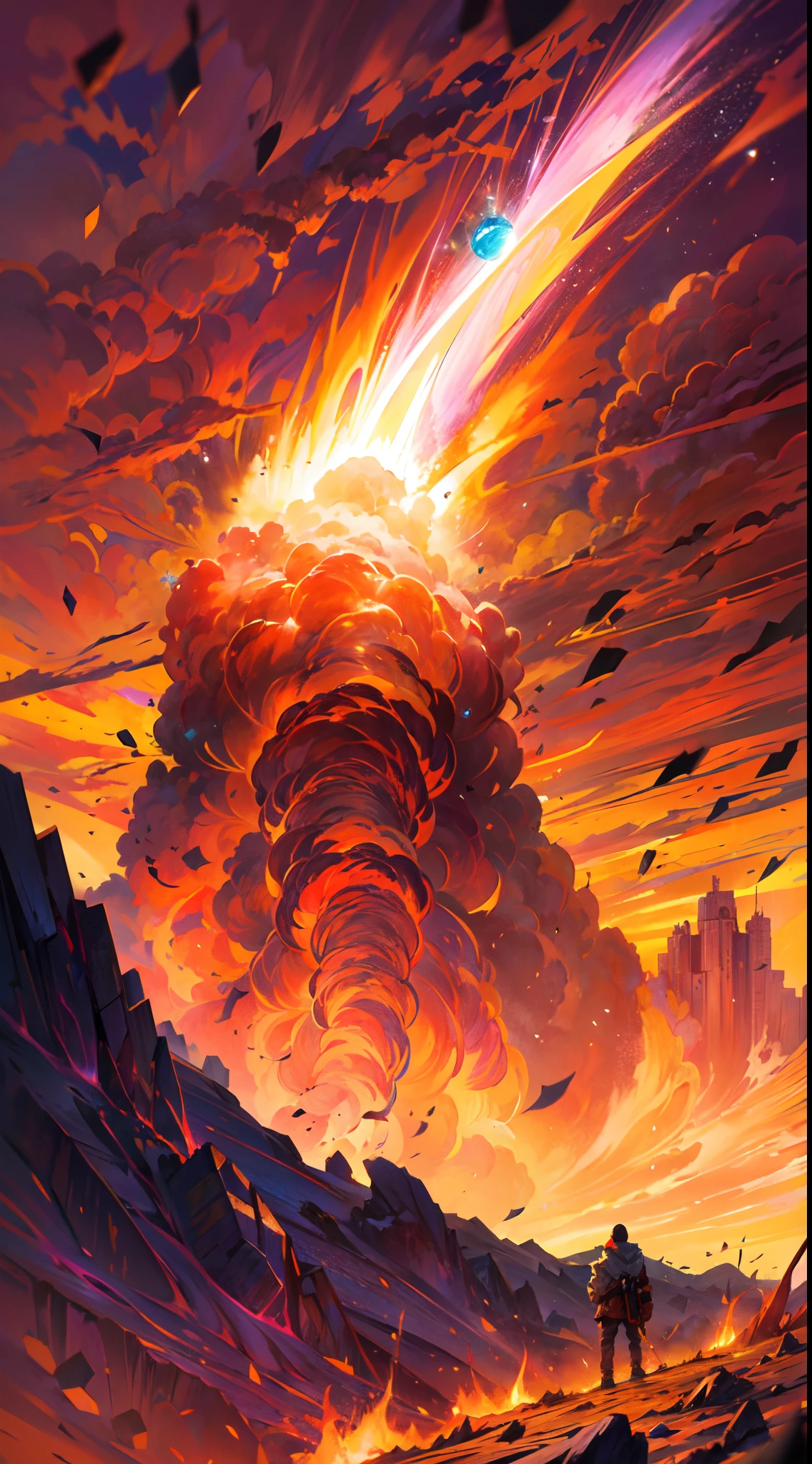 image of the last day of earth, a man standing on a mountain looking up at an upcoming giant burning meteor, orange sky, beauty of apocalypse, from behind, anime style, explosion, impactful, (best quality, 8k,highres, masterpiece:1.2), ultra-detailed, realistic:1.37, HDR, vivid colors, concept artists, sharp focus, strong lighting.