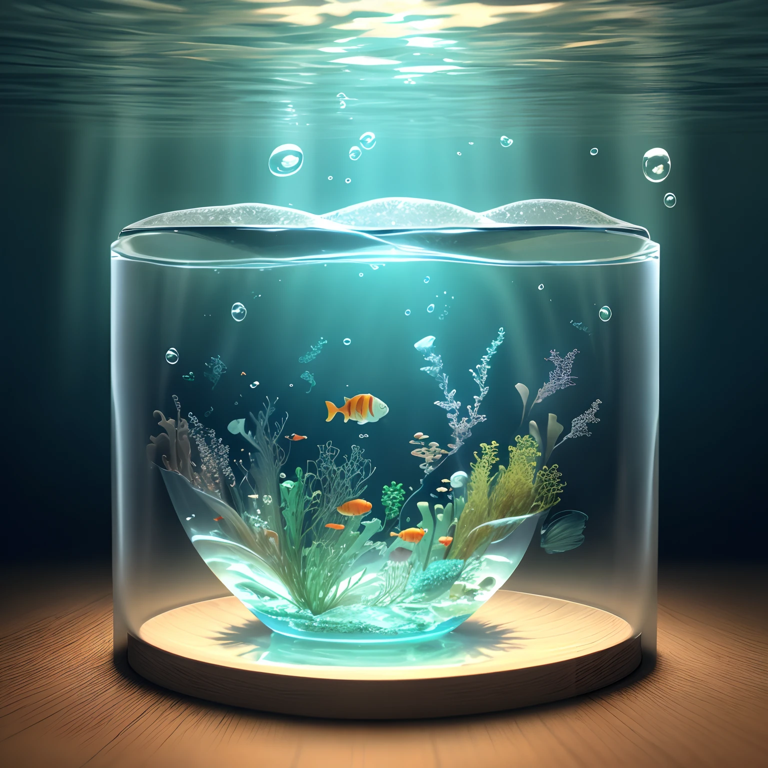 Fish drown in glass of water, bubbles, sea weeds,