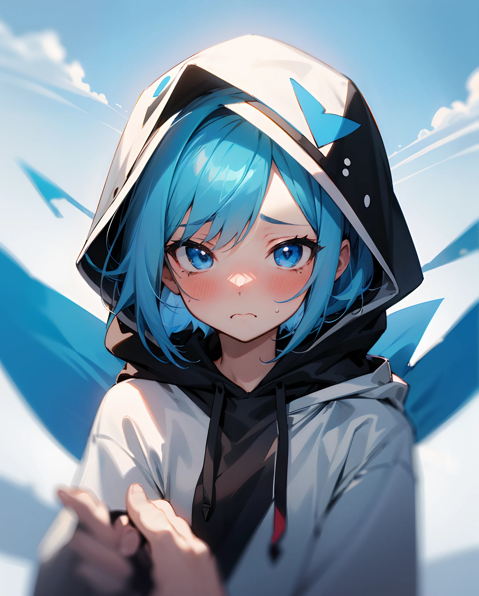 Sky blue hair、animesque、Black hooded hoodie、Blue eyes、girl with、Have a slight blush、Sad face