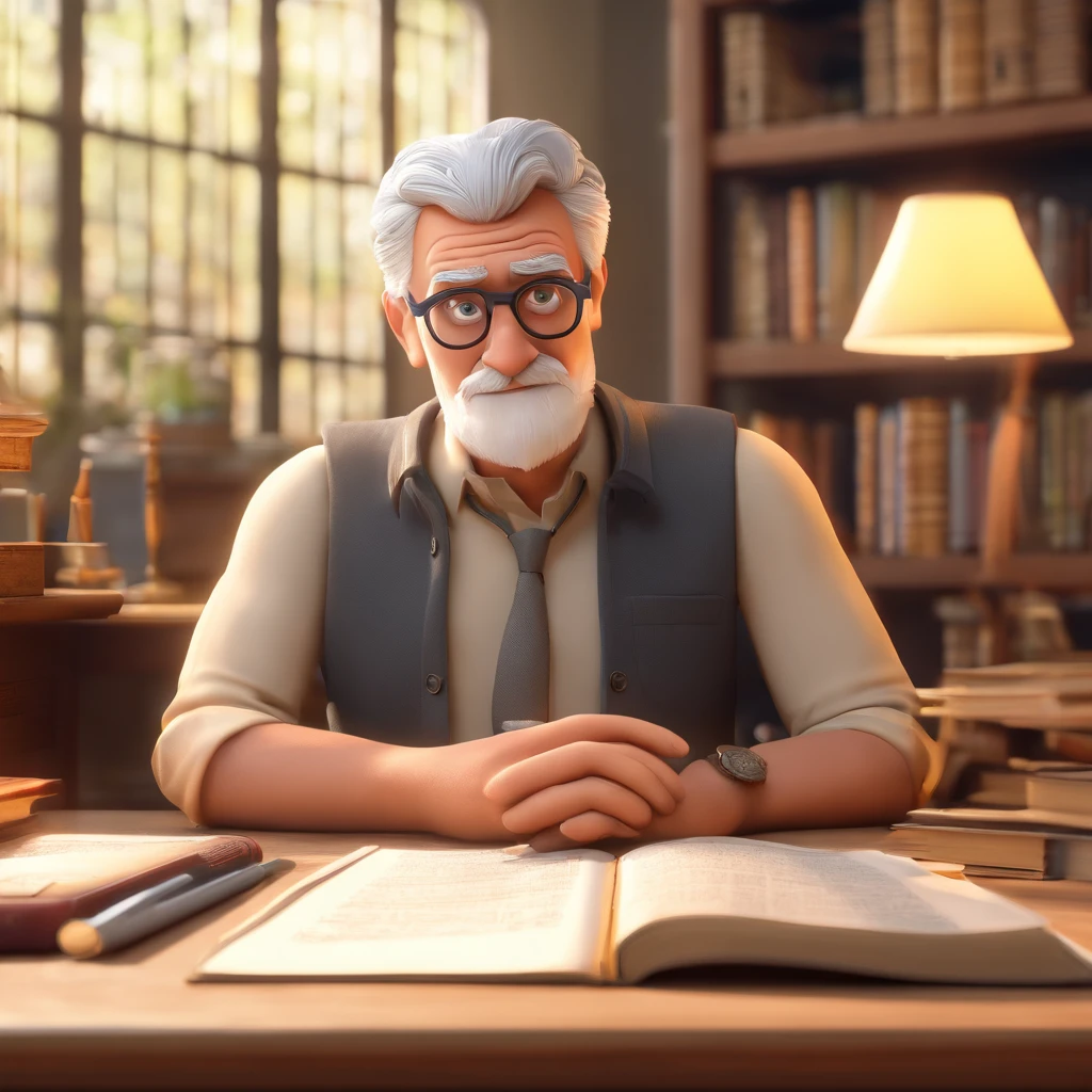 Crie um cartaz inspirado na Disney Pixar com o personagem sendo o pastor Rubens Janier, A gray-haired man wearing glasses, in an office with a Bible on the table, Looking forward and serious