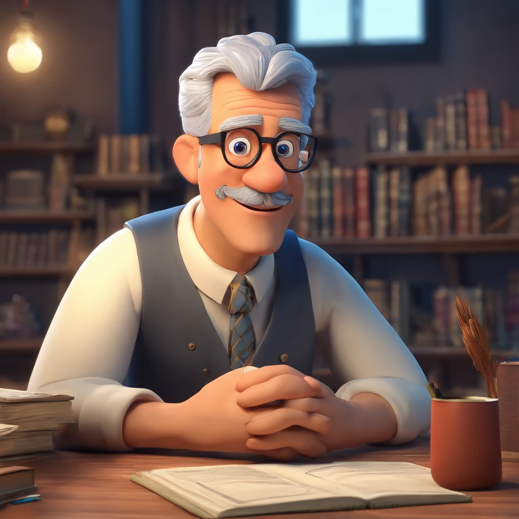 Crie um cartaz inspirado na Disney Pixar com o personagem sendo o pastor Rubens Janier, A gray-haired man wearing glasses, in an office with a Bible on the table, Looking forward and serious