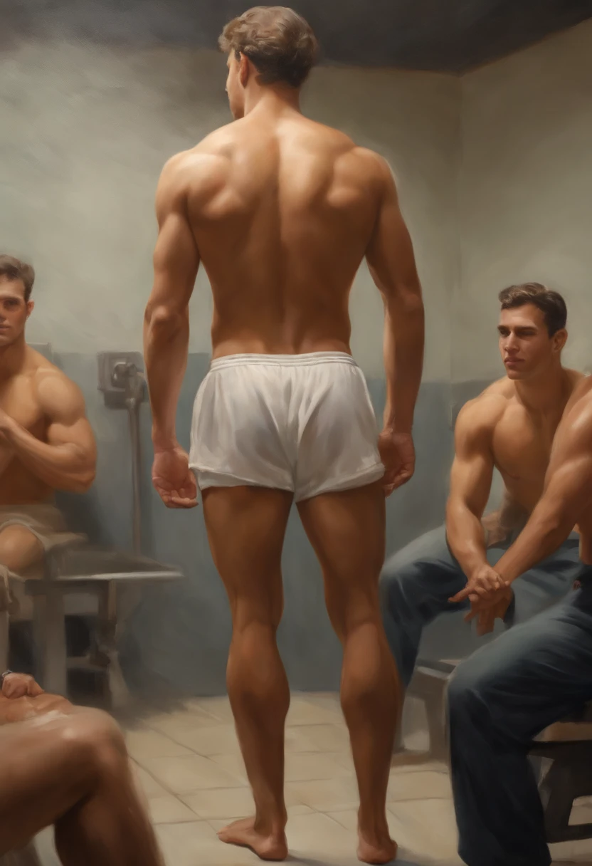 esquete, Estudo da figura masculina de 20 anos, jovem atleta musculoso, Standing, corpo cheio e encorpado, completely naked, Totalmente , , sem roupas, au natural |, cobrindo a virilha com uma toalha branca, bare butt, crowded gym shower with spray showers and shower men in the background, pastel hues, Por Harry Bush, James Montgomery Flagg e Lois of Baarle e jim francês e rossdraw, olhos realistas detalhados, large bare feet, big bulge in crotch, muito bonito, Beautiful