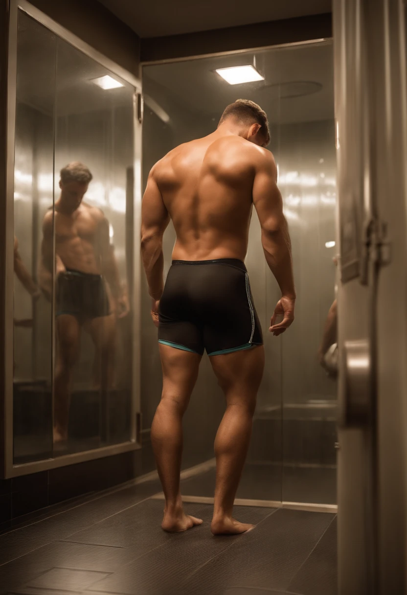 esquete, Estudo da figura masculina de 20 anos, jovem atleta musculoso, Standing, corpo cheio e encorpado, completely naked, Totalmente , , sem roupas, au natural |, cobrindo a virilha com uma toalha branca, bare butt, crowded gym shower with spray showers and shower men in the background, pastel hues, Por Harry Bush, James Montgomery Flagg e Lois of Baarle e jim francês e rossdraw, olhos realistas detalhados, large bare feet, big bulge in crotch, muito bonito, Beautiful