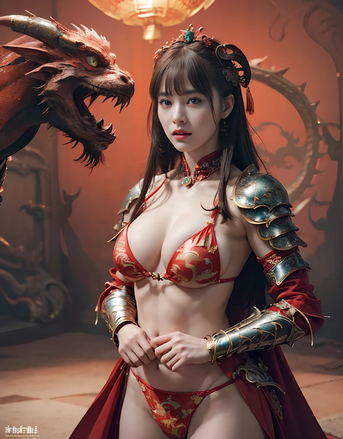 (Fight goblins、ogre、Fierce battle with orcs),top-quality、​masterpiece、超A high resolution、(Photorealsitic:1.4)、Raw photo、女の子1人、(((Chinese dragon background))),（Armor with beautiful patterns in every detail）、(((heavy breasts))),glowy skin、(Random hair),(((Detailed Micro Bikini Armor)))、Fight with beautiful swords and shields、(((Mystical expression))),(((Have a gorgeous and long magic wand))),（Gorgeous blue rubber body）),（Fighting strong enemies）、Fight fiercely、(Background of decaying dungeon ruins)、（Ultimate Beauty）、(Fighting Demonic Beasts)、(Full Body Angle)、((super realistic details))、portlate),globalillumination、Shadow、octan render、8K、ultrasharp、Colossal tits、Raw skin is exposed in cleavage、Details of complex ornaments、Japan details、highly intricate detail、Realistic light、(Mystical expression),CGSoation Trends、Red Eyes、radiant eyes、Facing the camera)、Toostock、Ultimate Beauty、Detailed sword）、(((dragon background))),