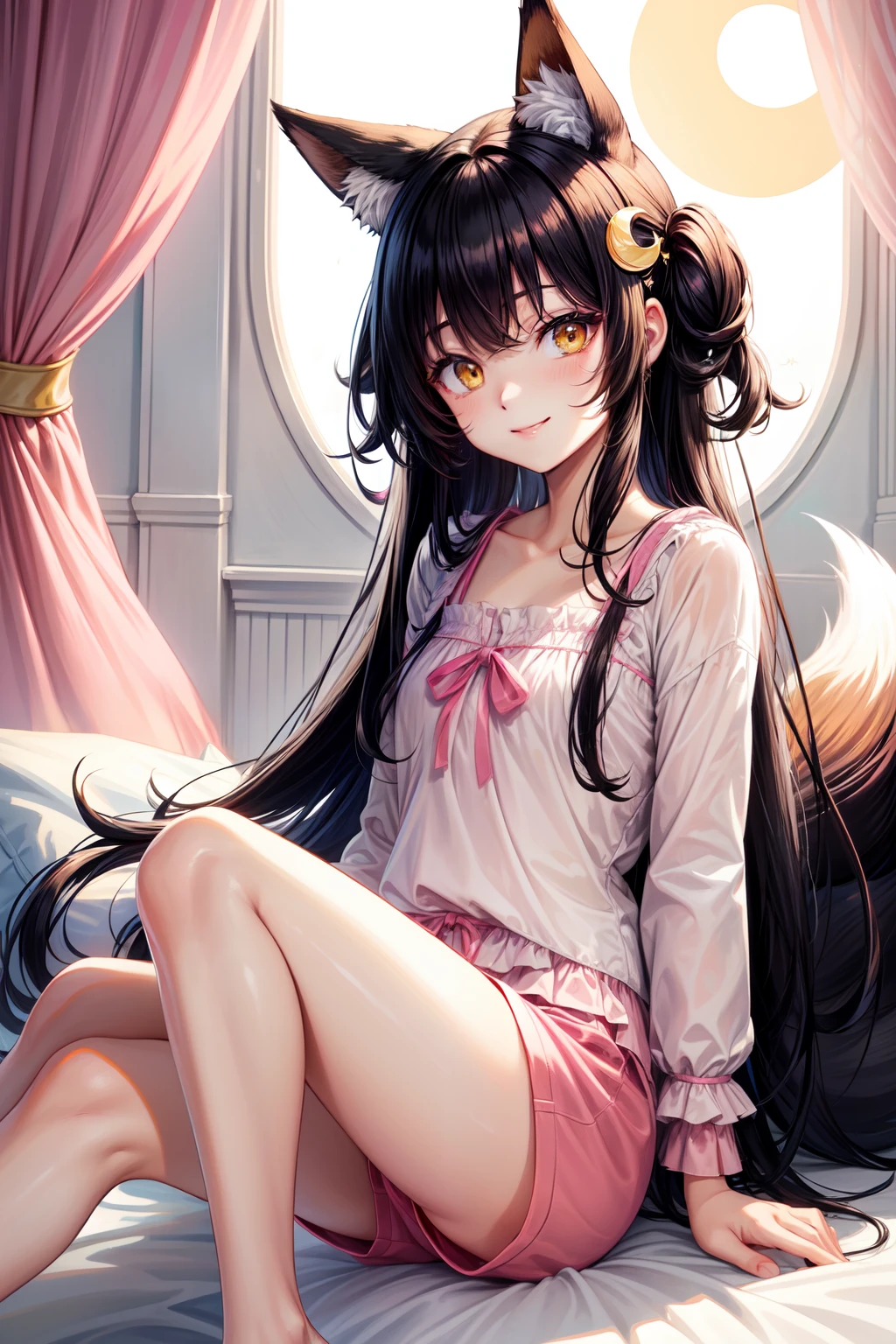 hight resolution, top-quality,  ultra-quality, The ultra-detailliert, lighting like a movie、Fox-eared girl、Slender Line、a smile、Long Black Hair、Yellow eyes、Fox tail、Pink loungewear、shortpants、(Crescent Moon Hair Ornament)、girl's own room、