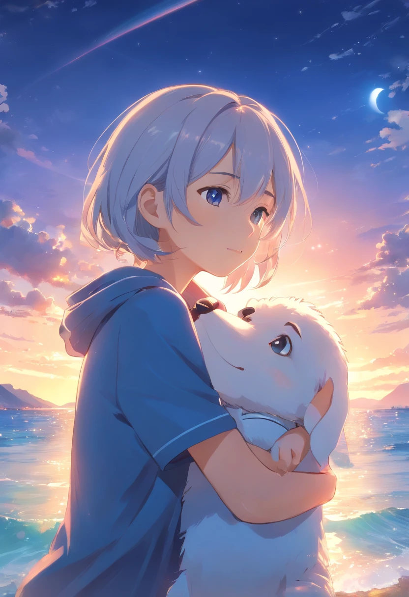 (Masterpiece, Best quality: 1.2),White color hair，Charming maiden，Dreamy，ocean floor，Epic，2D Beautiful Girl，starlights，Wallpapers，quadratic element，blue clothes，Holding the little dolphin elf in both hands，18yr old