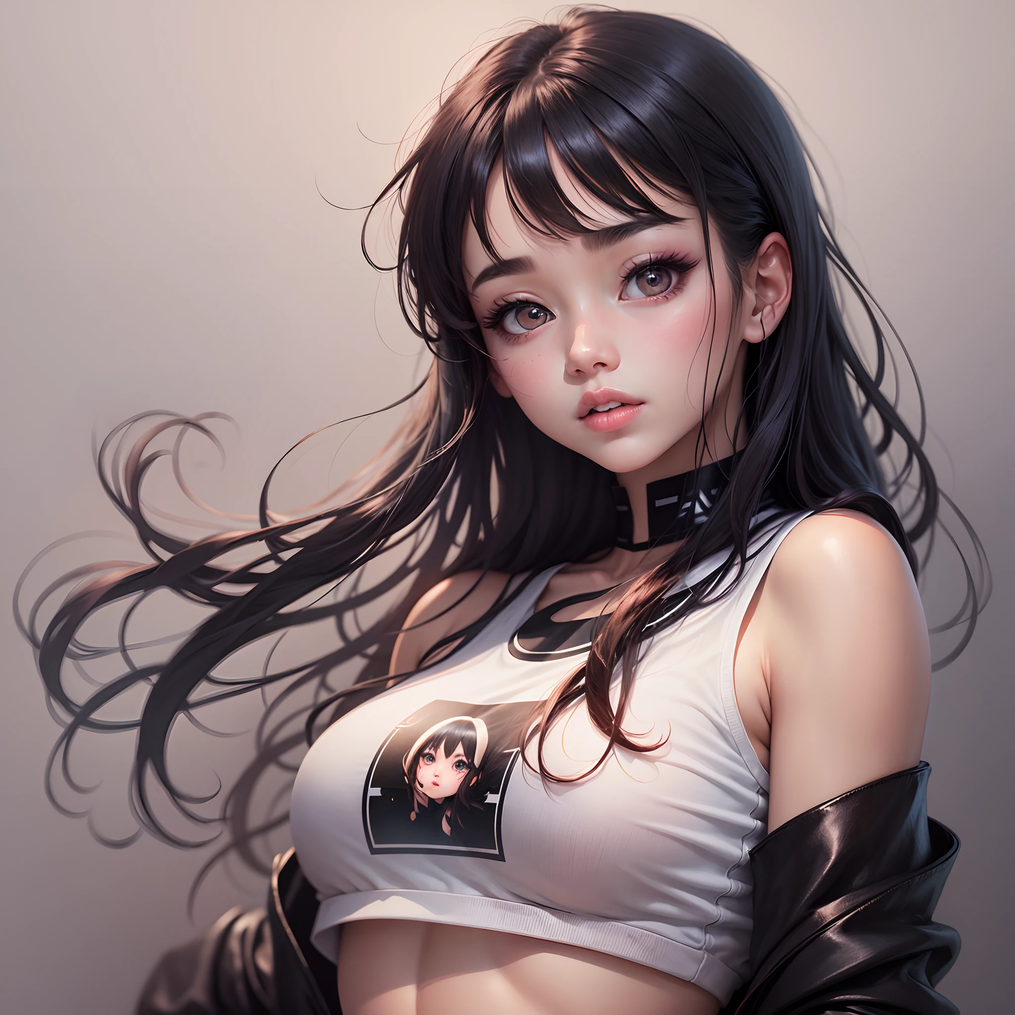 a beautiful girls wearing a white crop top, manhwa style, portrait, black hair, big eyes, aegyo sal, rosy cheek, gradient lips, ultra realistic, anime style, hyperrealistic photography, white background --auto --s2