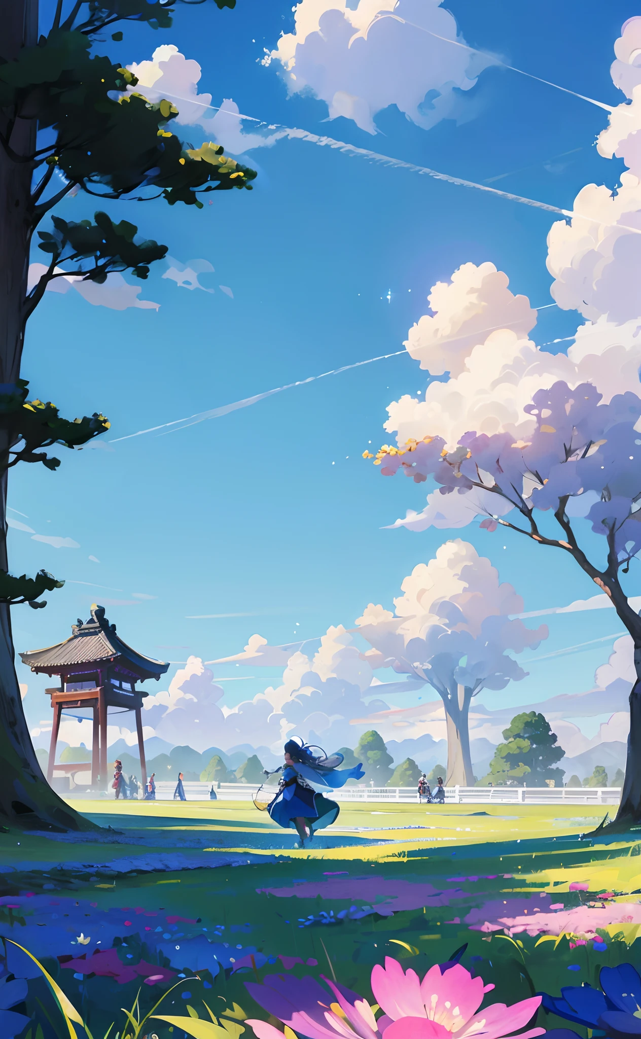 Best Quality 8k、Shining blue sky occupying half of the screen、Meadows and trees々、herhairisflower、Peaceful Noon、In the distance, several children are waving、Children running happily from far away、Ancient Japan、Tiny sparkles of light、colourfull