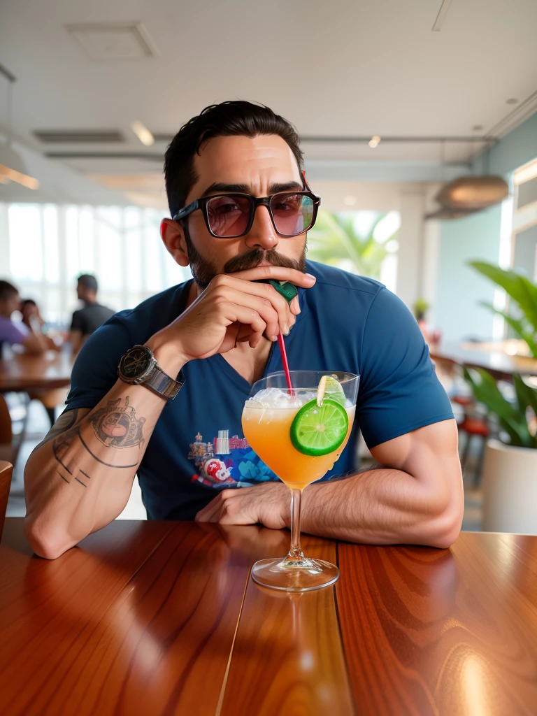 there is a man sitting at a table with a drink in his hand, coquetel de bebida, com uma bebida, pegando seus tacos e bebida), segurando uma bebida, beber um martini, beber, imagem de perfil, david rios ferreira, edu souza, people drink cocktails, imagem do avatar, portrait of an alcoholic, segurando um martini, Postagem no Reddit, Alex Yanes