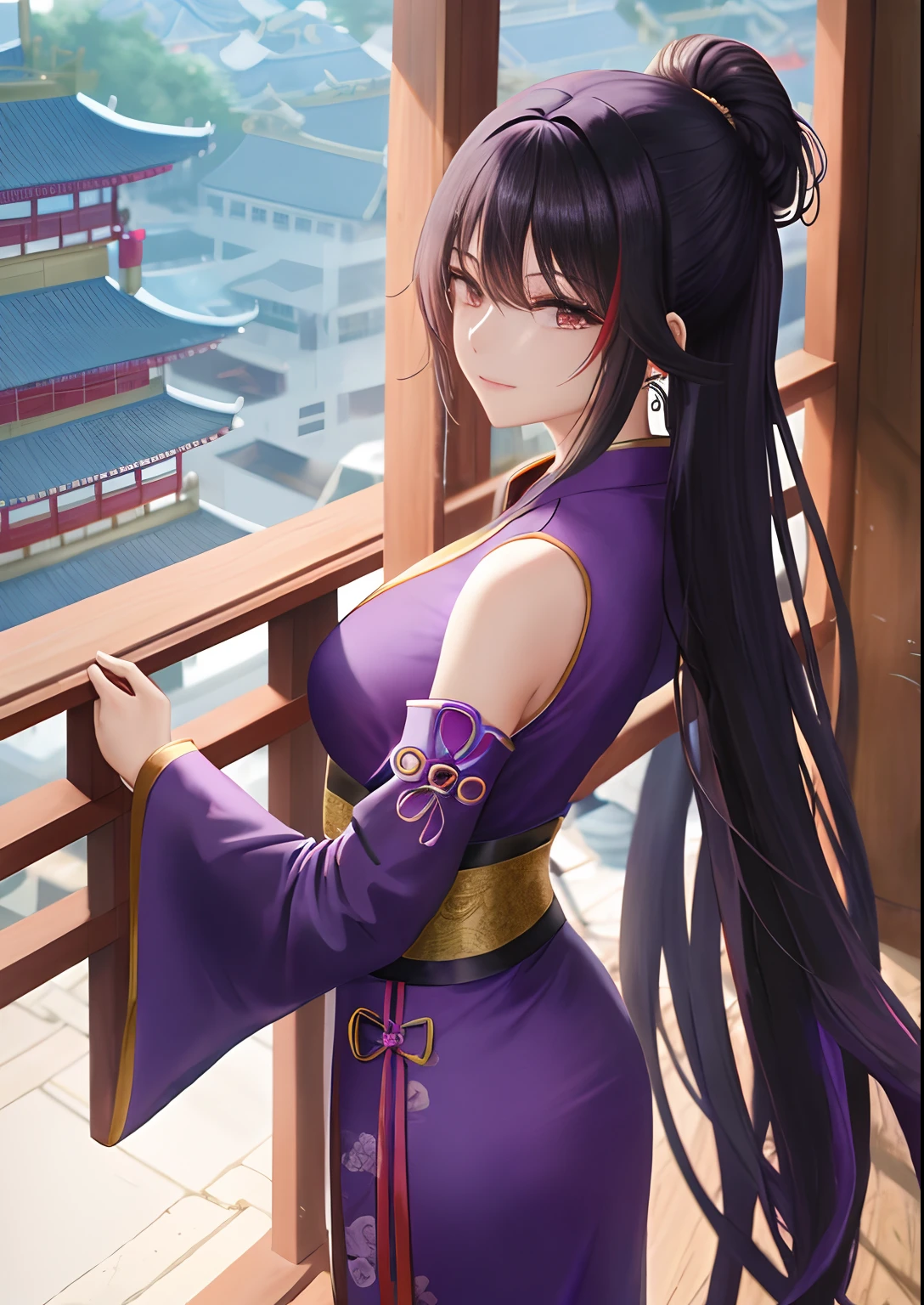 A woman，Watching the view，，Long black hair，Wear purple Hanfu，Long white gloves are worn on the elbows，Chinese Ancient Architecture