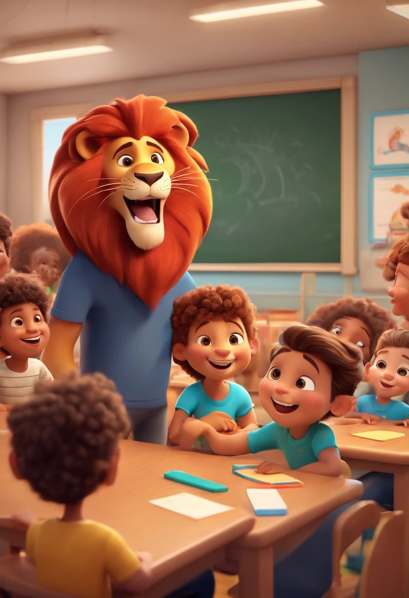 Happy Daren Lion wearing a black t-shirt in a classroom with happy kids in Disney Pixar 3D style