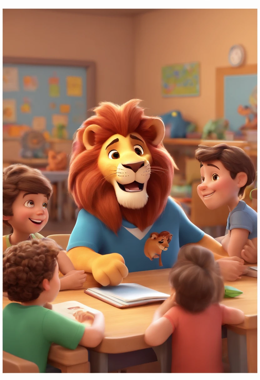 Happy Daren Lion wearing a black t-shirt in a classroom with happy kids in Disney Pixar 3D style