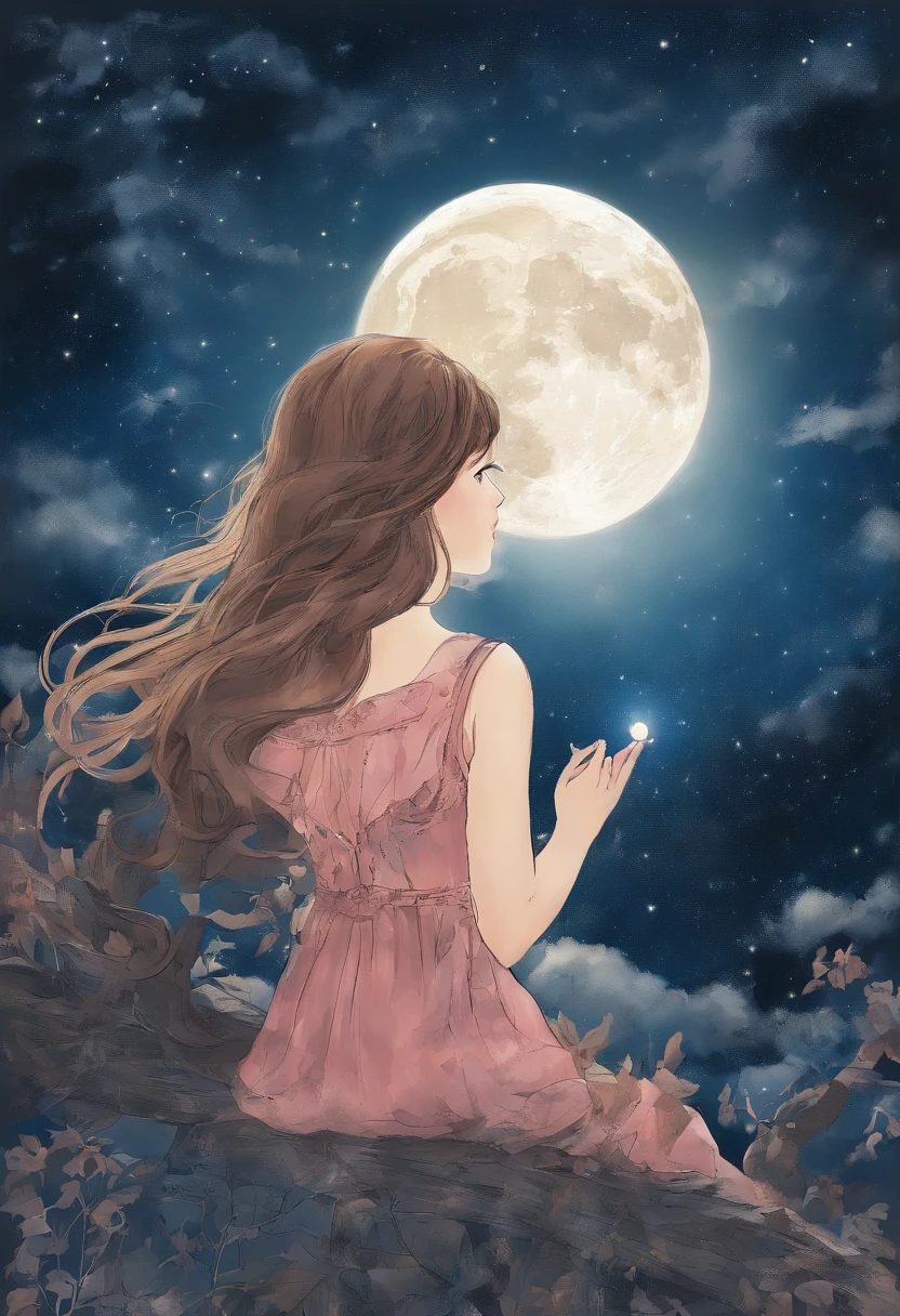 Full moon sky、nigh sky、Girl looking at the sky