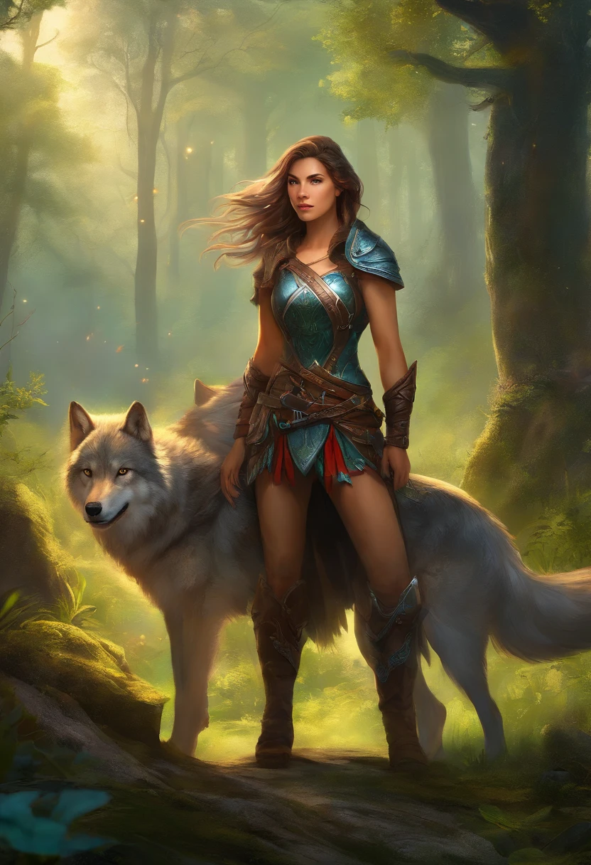 arte de fantasia, Arte de RPG, arte de fantasia sombria, tiro ultra largo, .RAW, fotorrealista, A photo of female human ranger and her wolf pet, O Ranger, uma mulher humana bonita e requintada, longos cabelos loiros, braided hair, olhos verdes, usando armadura de couro, Usando (Capa vermelha: 1.1), armado com um (espada: 1.3), usando botas rendadas, Standing in a dark forest at night, (Mist rising from the terrain: 1.3), a sense of dread and fear, no entanto, ela permanece desafiadora e destemida, Her wolf pet is near her, protegendo-a, fundo escuro da floresta da fantasia, best quality, 16k, [ultra detalhado], master part, best quality, (ultra detalhado), corpo inteiro, tiro ultra largo, fotorrealismo