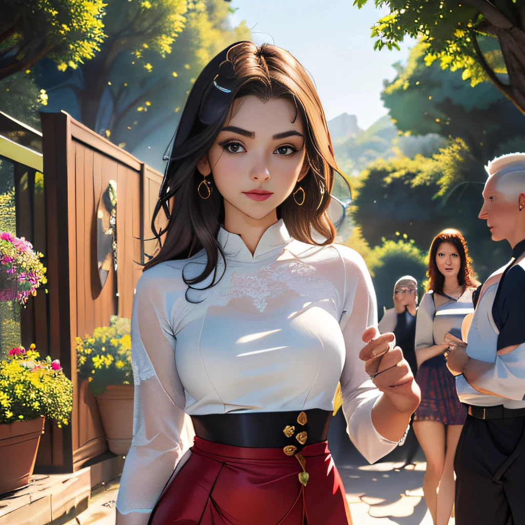 sfw, (Extremely detailed 8k wallpaper:2), (photo:2), (soigne Beautiful girl:2), (gives a lecture to friends:2), detailed (Face and eyes), (hyper realistic:1), (highly detailed:1), (epic realistic:1), rim light, (maximum details:1), cozy, (fullbody:1), (looking at viewer:2), (Woman's Attractive Qualities:2), (Attractive Woman:2), (Attractive:2), Smile, Intelligence, Empathy, Gracefulness, Sense of Style, Fitness, Grooming, Optimism, (Sensitivity:2), Sincerity, Romantic Gestures, Playfulness, Fashion Sense, (Sensuality:2), Charm, Modesty, Thoughtfulness, (Femininity:1), Flirtatiousness, Warmth, (Physical attractiveness:2), A beautiful smile, A love of life, strength and power, vulnerability, curiosity, wonder, love, (nature background:2), kawaii, waifu, Beautiful breasts, (attractive body:2), (Beautiful body:2), Beautiful pose, attractive pose, (spread legs:1.0), (Beautiful clothes:1), (classic clothes:2), (elegant clothes:2), (European clothes:2), detailed clothes, skirt, blouse