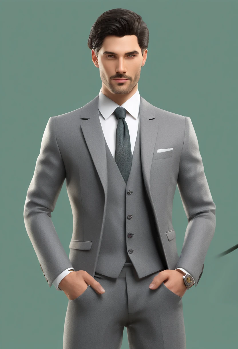 (realistic handsome Italian face, seductive, adult look, pale green eyes eyes, pale skin, downturns eyes, sharp canines, smirk, dimples, sleepy eye, thin lips), (grey suit, black gloves), (black wolfcut hair, nape length hair, middle part hair), (27 years), (1 boy), (4k style)