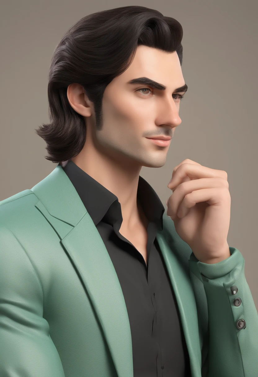 (realistic handsome Italian face, seductive, adult look, pale green eyes eyes, pale skin, downturns eyes, sharp canines, smirk, dimples, sleepy eye, thin lips), (grey suit, black gloves), (black wolfcut hair, nape length hair, middle part hair), (27 years), (1 boy), (4k style)