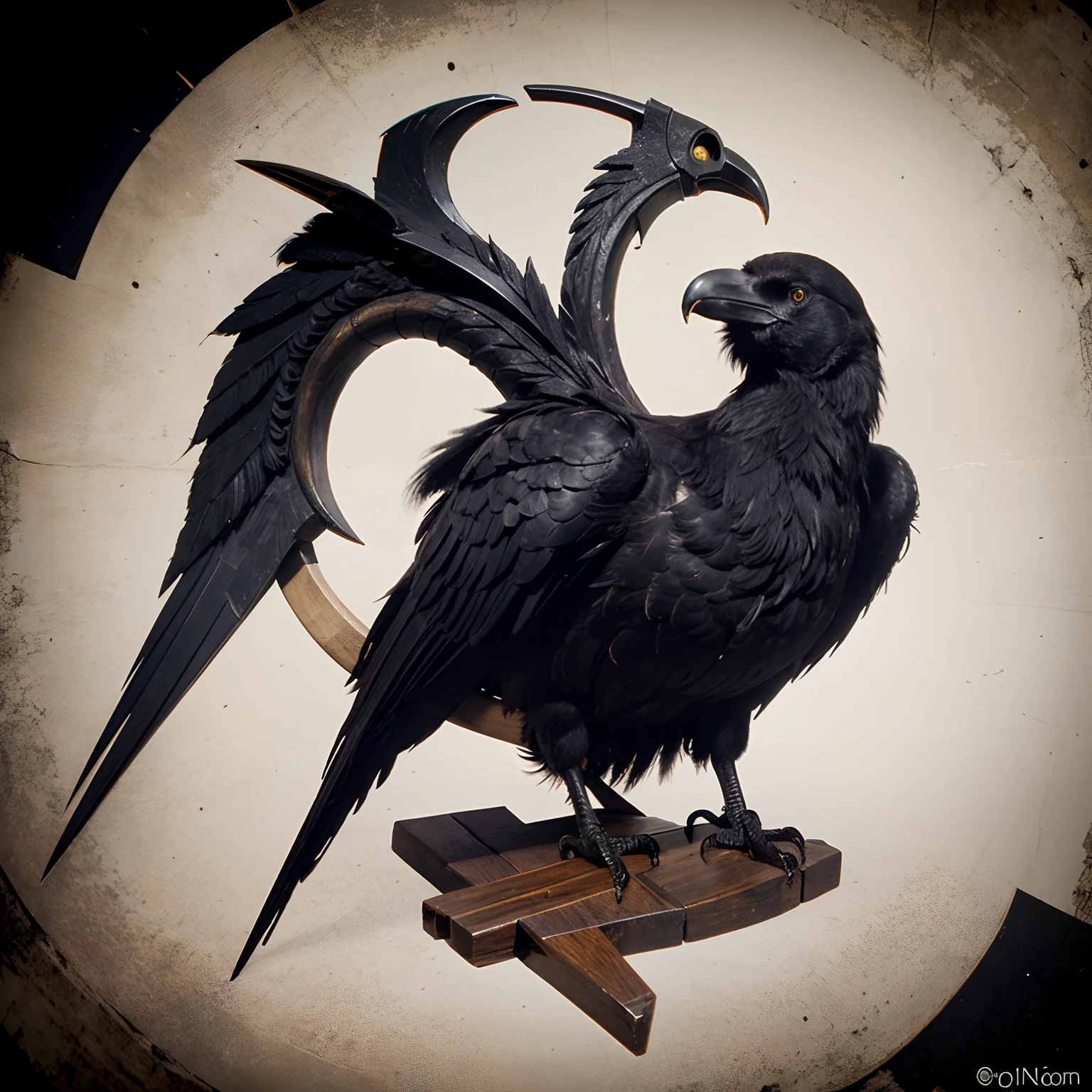 a scythe behind the skull of a raven like a family crest
