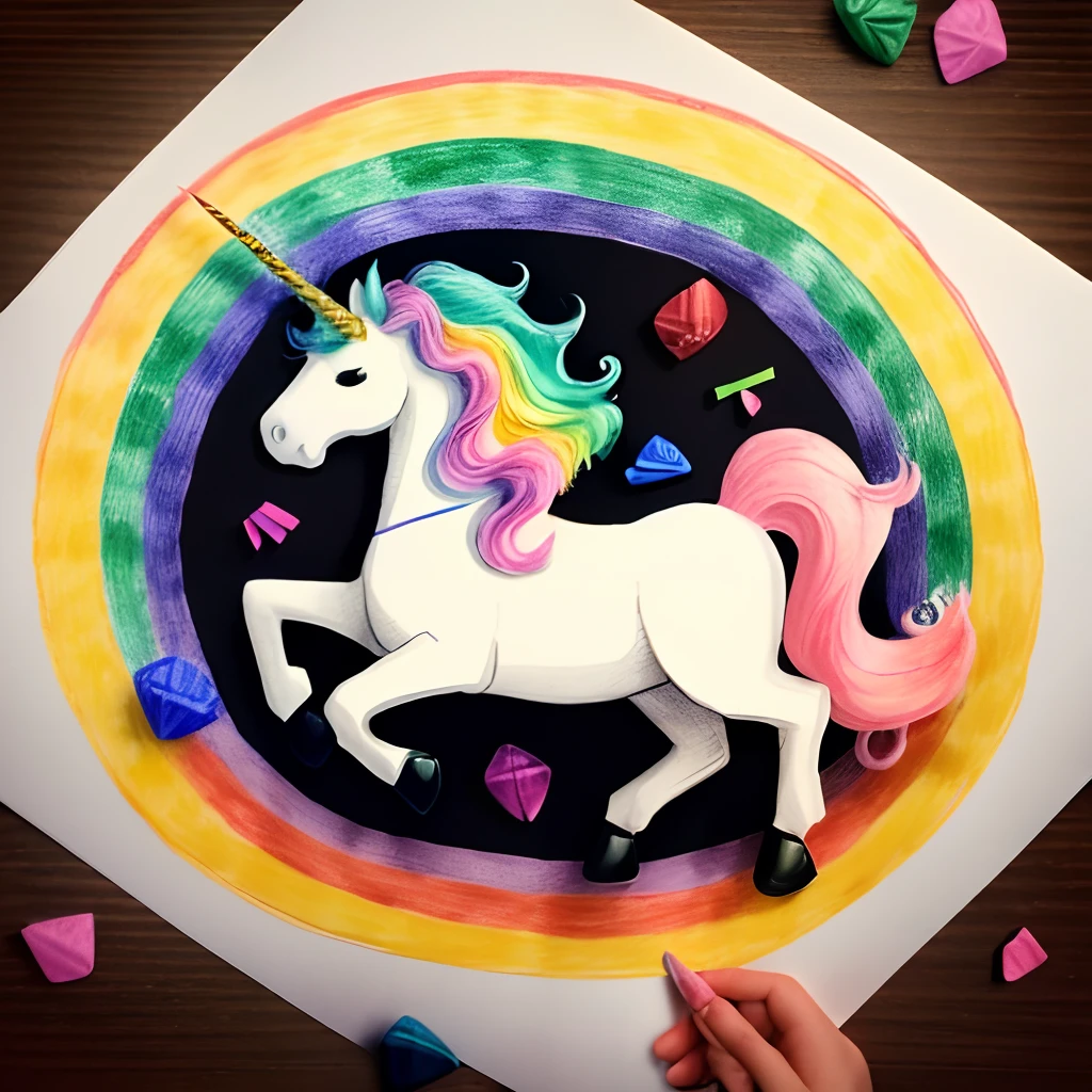 Hand drawn unicorn on grained paper by a four year old child flying over the rainbow surrounded by colorful flying candies