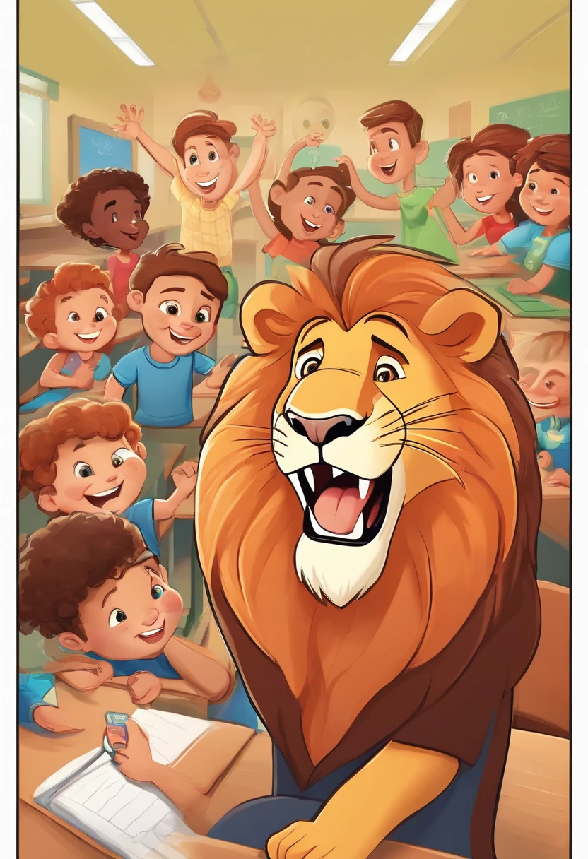 Happy Daren Lion wearing a black t-shirt in a classroom with happy children in Disney Pixar 3D style
