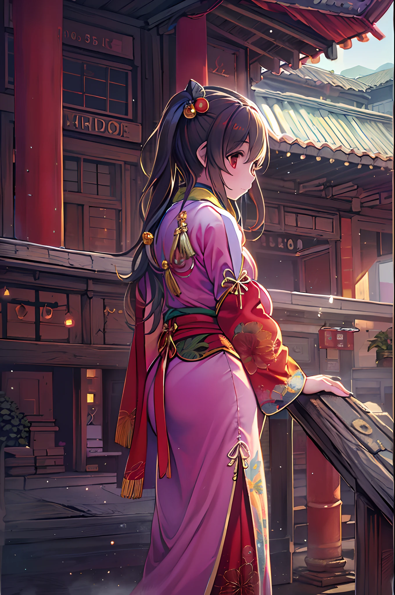 Best Quality, masutepiece, hight resolution, 1girl in, china hanfu,Background of Chinese architects, red scarf, Hair Ornament,Necklace, Jewelry,Beautiful face,Inserting a into the_Body, Tindall Effect,Photorealistic, Dark Studio, Rim lighting, two tone lighting,(High detailed skin:1.2), 8K UHD, Digital SLR, Soft lighting, High quality, Volumetric lighting, Candid, photograph, High resolution, 4K, 8K, Bokeh,Red Dress Girl