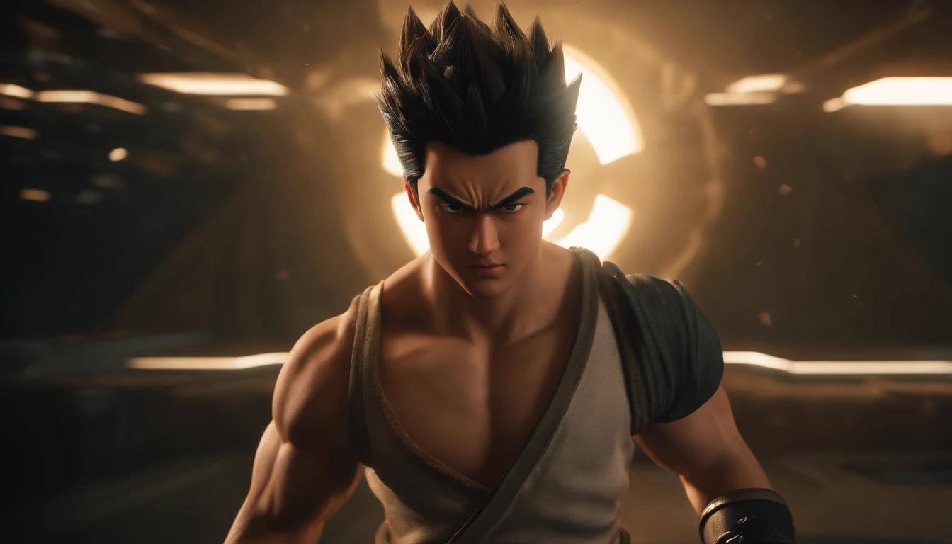 (realistic,photorealistic:1.37),Son Gohan in real life,ultra-detailed,3D rendering,beautiful detailed eyes,beautiful detailed lips,detailed facial features,black spiky hair,confident expression,focused eyes,strong physique,fighting stance,energy aura,training gi,tense atmosphere,dynamic action,motion blur,stunning visual effects,powerful energy blasts,floating debris,intense lighting,crisp and vibrant colors,bokeh