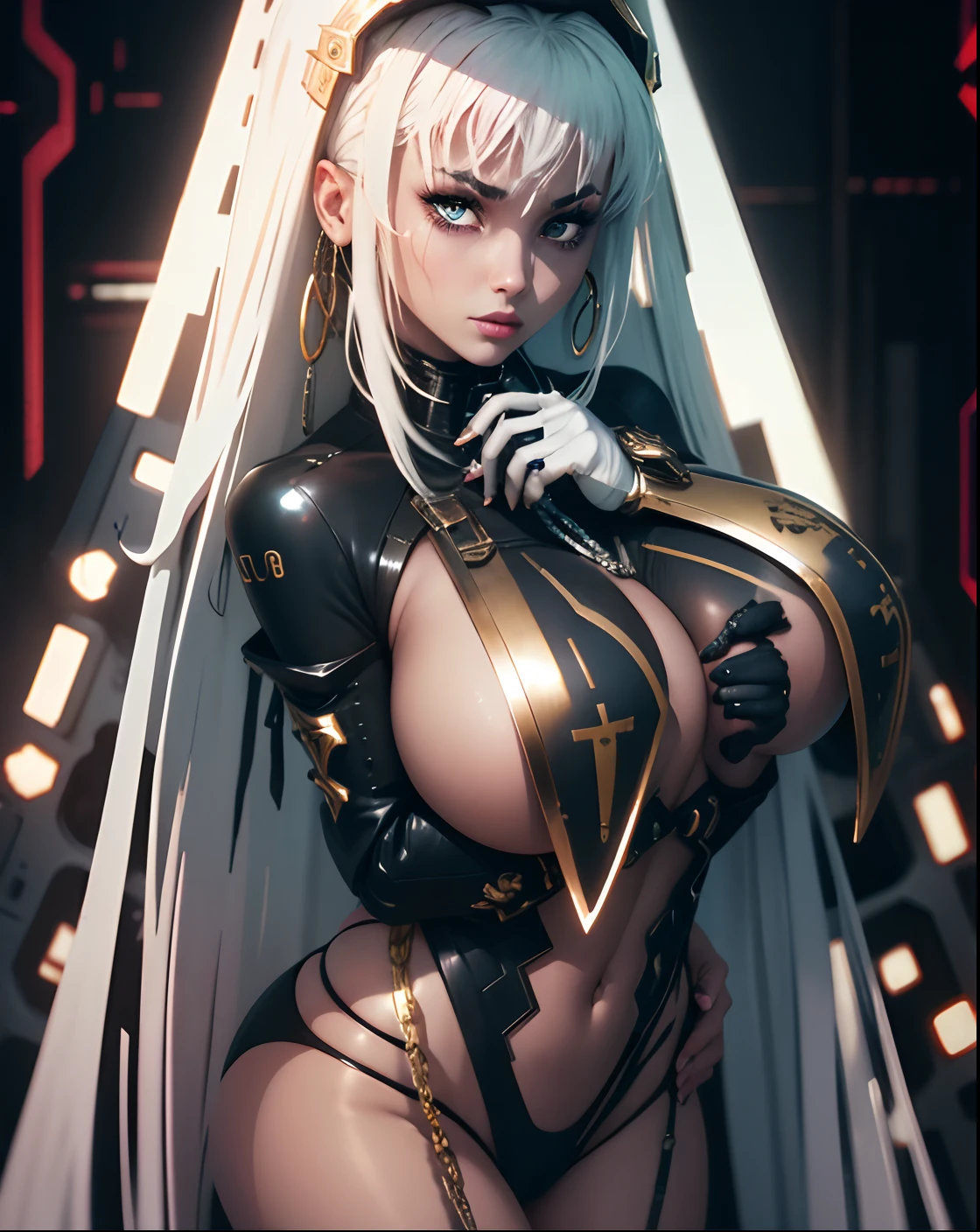 Girl in platinum body jewelry, Highly Detailed Face and Skin Texture, Grandes ojos azules, labios jugosos, Labios Bimbo, piel blanca, (afro rizado Cabello negro), Pale skin, ojos detallados, 二重まぶた, Cabello negro afro rizado, cyberpunk gold metal BDSM, Cintas cyberpunk de metal platino, bragas de cuero, metal micro bueno, ropa de carbono, gold body jewelry, damp skin. piel blanca, she is on the futuristic cyberpunk white and Black room in the spacecraft.