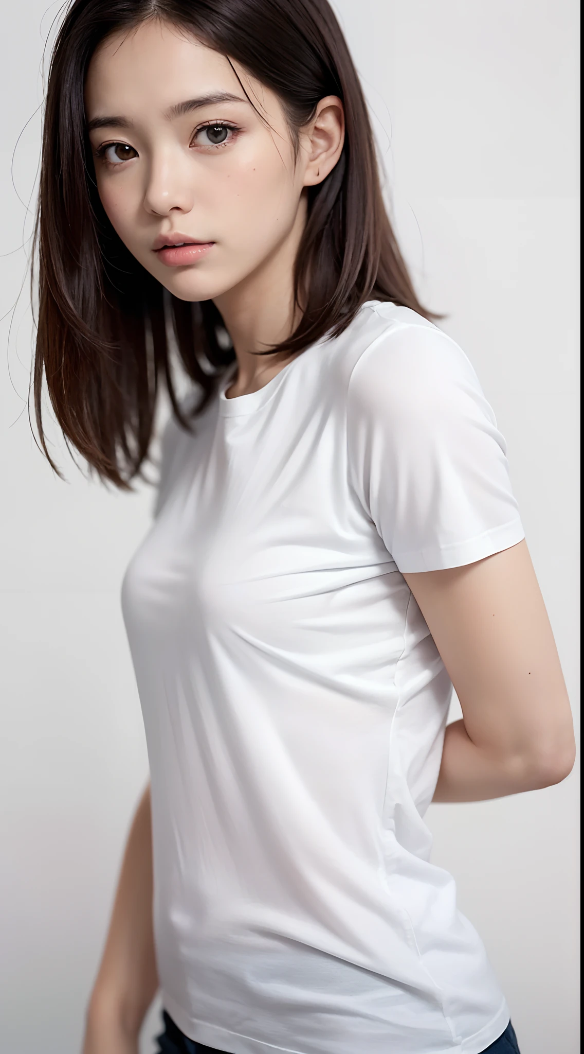 (masutepiece, Best Quality,:1.2), 1girl in, (Solo:1.3), Upper body, White shirt, Short sleeves, , (waifu, Realistic, Real life, exceptional, Best aesthetic, new, newest, Best Quality, masutepiece:1.2), Soft_Lighting, Soft_skin_Tone, Feminine_hair, (White background, Simple background,:1.2),