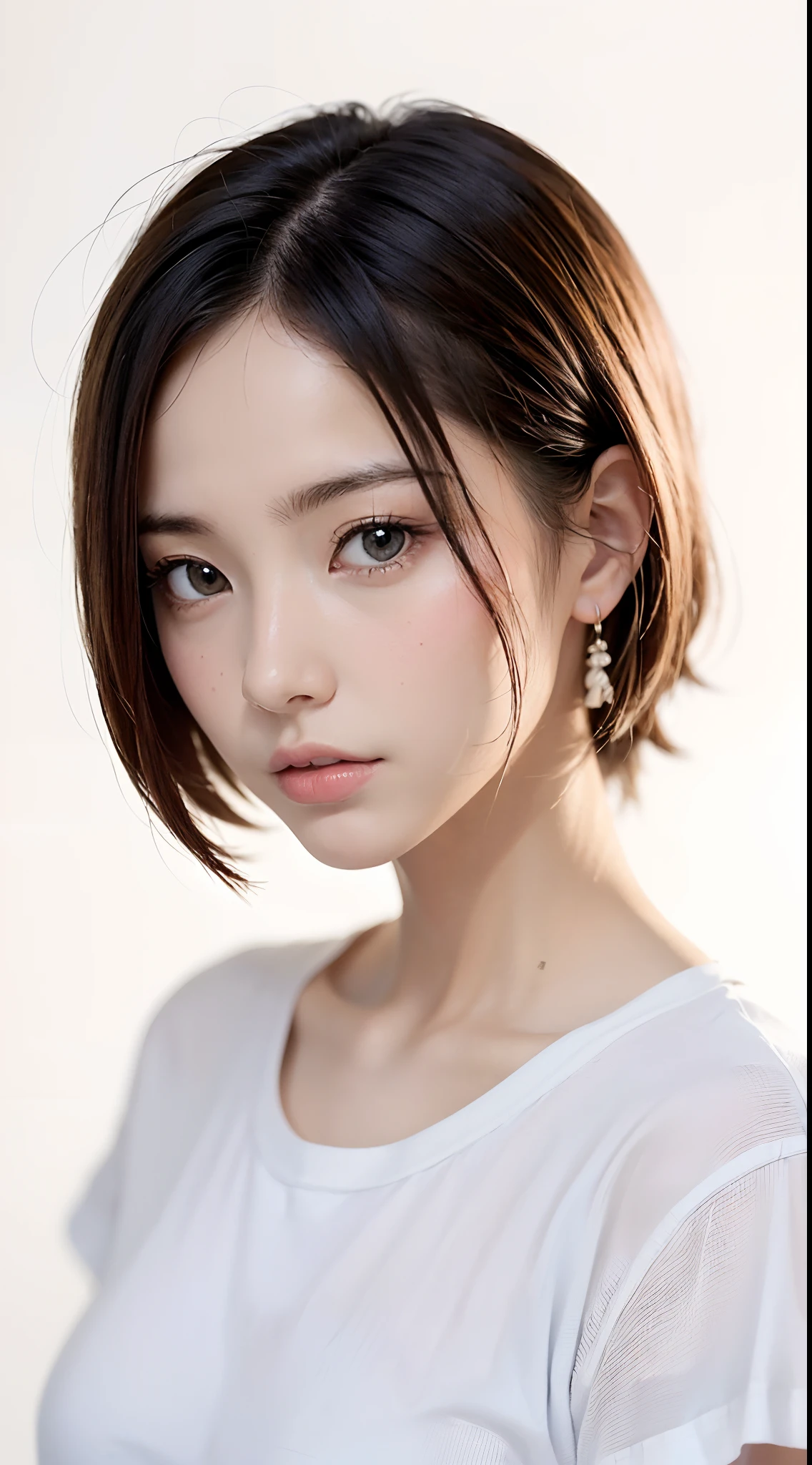 (masutepiece, Best Quality,:1.2), 1girl in, (Solo:1.3), Upper body, White shirt, Short sleeves, , (waifu, Realistic, Real life, exceptional, Best aesthetic, new, newest, Best Quality, masutepiece:1.2), Soft_Lighting, Soft_skin_Tone, Feminine_hair, (White background, Simple background,:1.2),