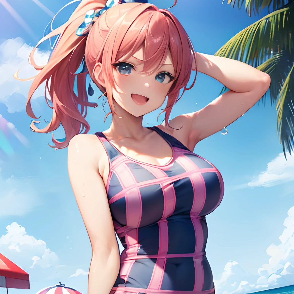 (best quality,4k,8k,highres,masterpiece:1.2),ultra-detailed,(realistic,photorealistic,photo-realistic:1.37),beautiful detailed eyes,beautiful detailed lips,extremely detailed eyes and face,long eyelashes,vivid colors,bokeh,Anime girls in bikinis,playful girls on a sunny beach,shimmering water,soft golden sand,tropical palm trees swaying in the breeze,cheerful smiles,confident poses,joyful mood,sparkling sea waves,clear blue sky,summer vibes,swimsuits with vibrant patterns,anime style,crystal clear reflections,anime-style eyes,exquisite facial expressions,warm sunlight casting soft shadows,refreshing ocean breeze,playful splashes in the water,happy laughter,fun and carefree atmosphere,huge , detail lips,red hair, blue eyes,