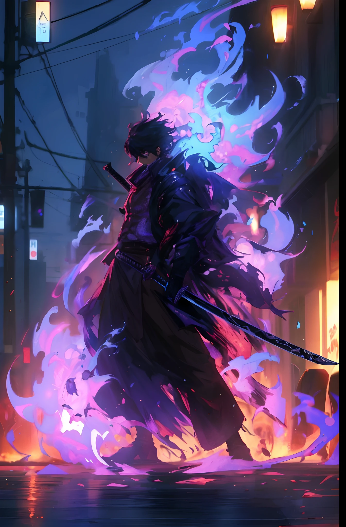 um homem com um manto preto segurando uma espada em uma cidade, badass anime 8 k, Anime Wallpaper 4k, 4k anime wallpapers, Anime Art Wallpaper 4K, Papel de parede anime 4k, Anime Art Wallpaper 4K, Anime Art Wallpaper 8K, cara bonito na arte demon slayer, anime epic artwork, estilo anime 4K, estilo de arte demon slayer