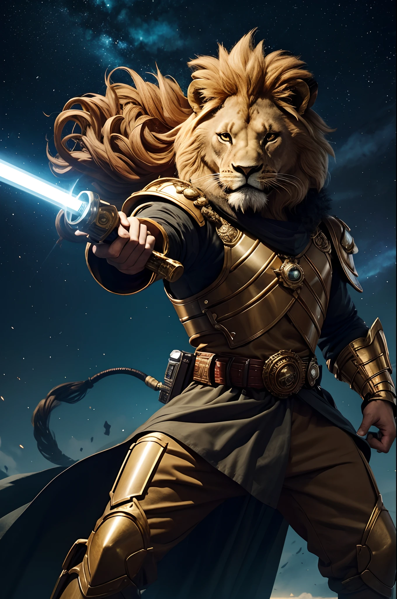 a king [lion head] wearing sci-fi clothes , holding a sci-fi lazes sword in his right hand,and he is ready to fought against the attacking lion[need lion along with warrior],sci-fi background