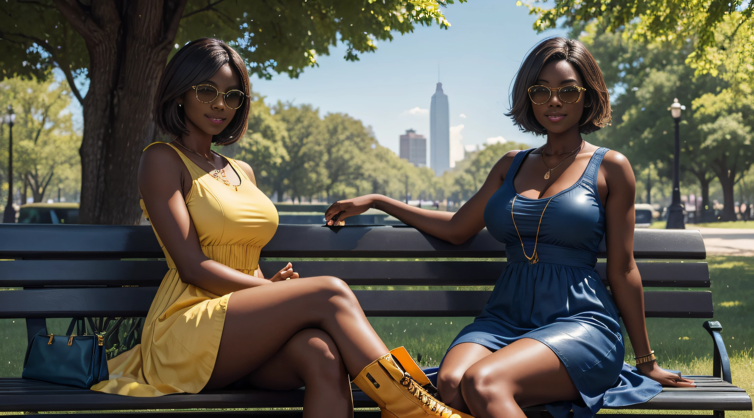 very huge breasts, dark skin, yellow hair, short hair, Happy smile, realistic and detailed hands, realistic and detailed face, realistic and detailed tooth, realistic and detailed foots, realistic and detailed face, full body image, normal glasses, park, sitting on bench, white short dress, very muscle, heavy rain, skin and clothes wet.