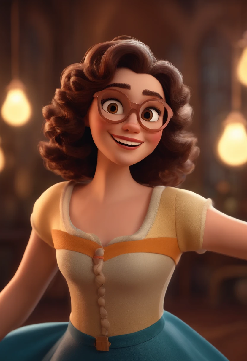 Pixar style image with 3D character white glasses brunette woman short curly hair dancing, Maquiagem Disney,Pescador, bonitinho, sorridente ,Close-up, Pixar, Disney, Cinema lighting,