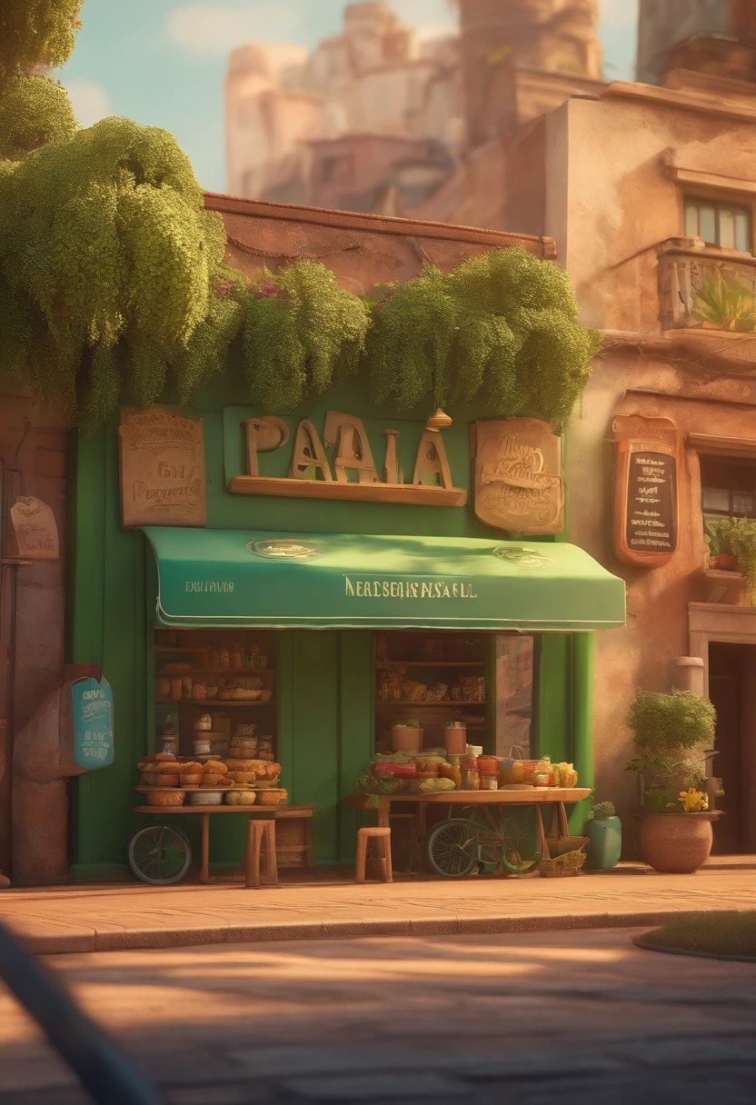 Desenho em estilo 3D da Pixar de uma sorveteria com o nome Las'Paletas Brasil,  com cores verde, marrom e creme no centro da cidade.