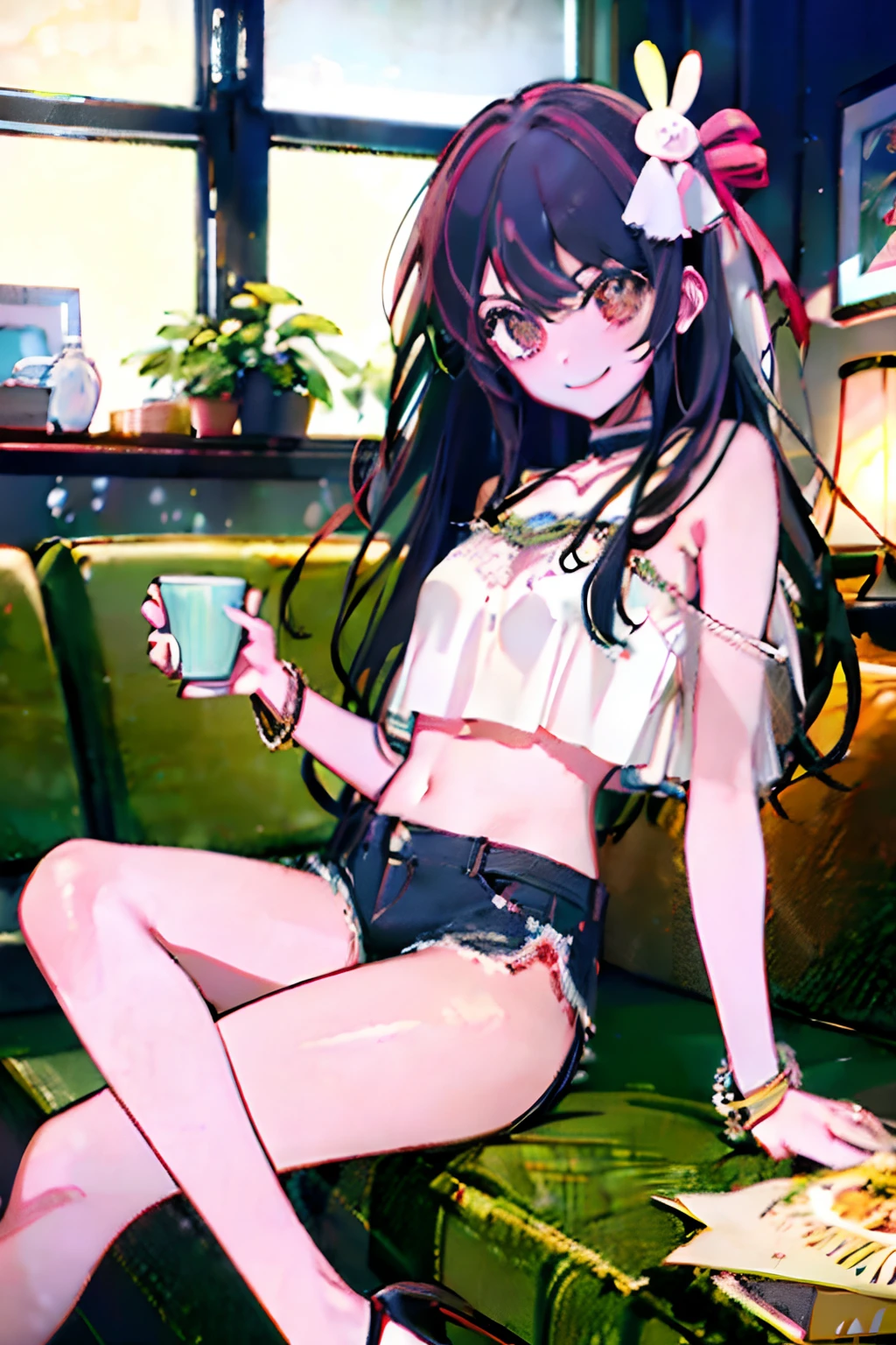 long hair, looking at viewer, youthful, black hair, navel, brown eyes, smile, blurred foreground, exposed shoulders, midriff, crop top, holding cup, strap slip, midriff, bare shoulders, high heels, lace trimmed top, hair bun, smile, couch, necklace, choker, hair ornament, bracelet, ring, looking at viewer