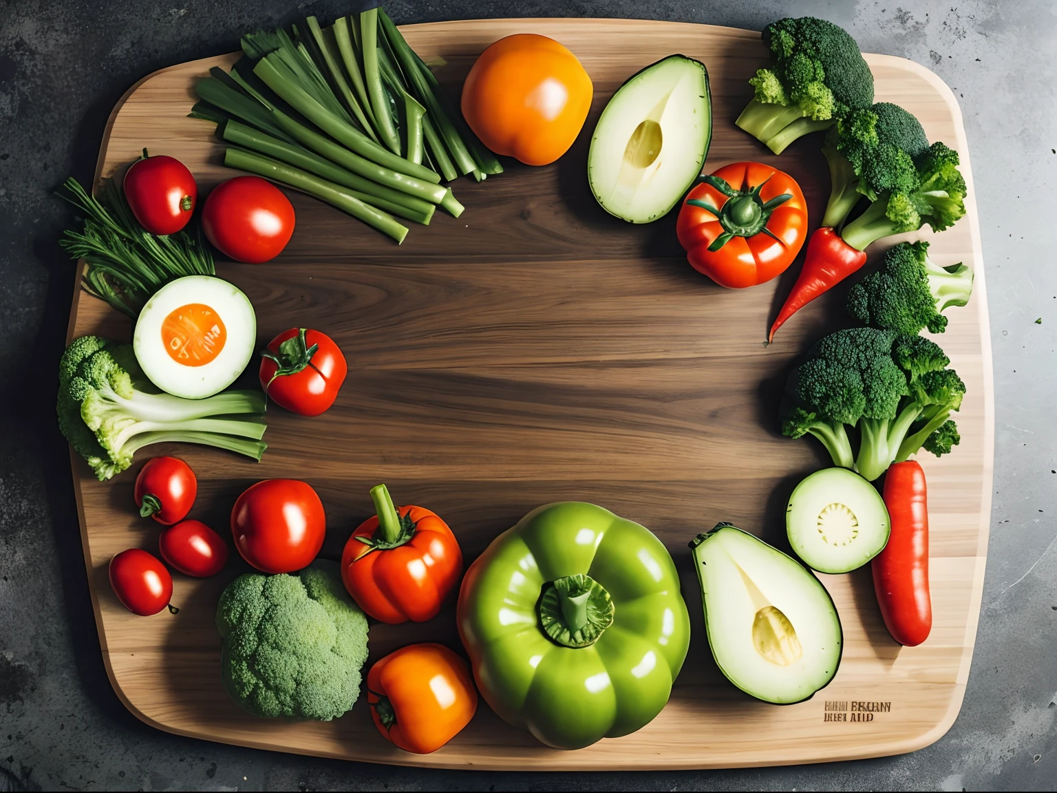 vegetables laying on a cutting board with empty space in the center