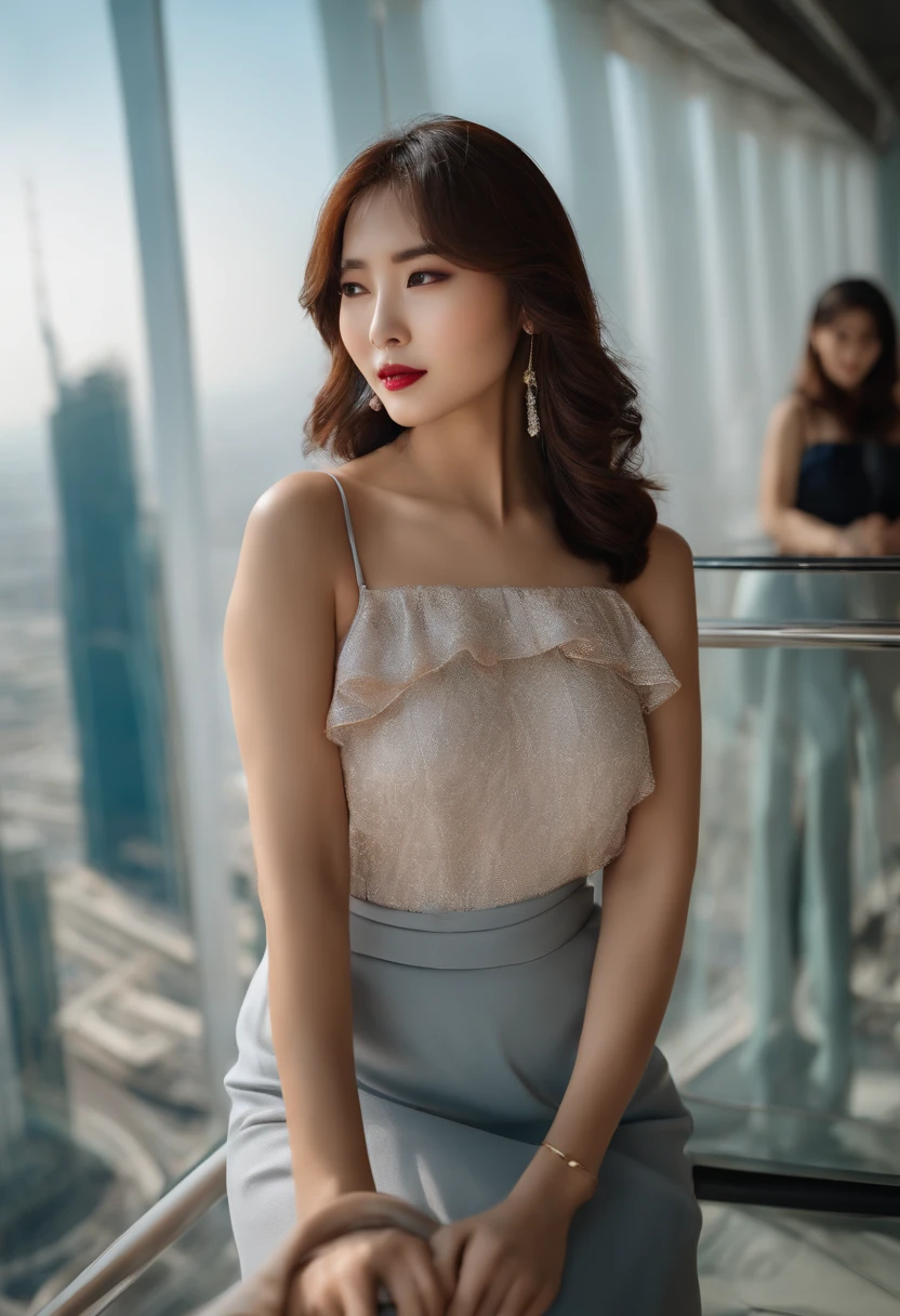 Nice looking korean woman wearing normal clothes, medium bust, two beautifull legs, two arms, brown shoulder-length hair and bangs, on top off skytower in dubai
